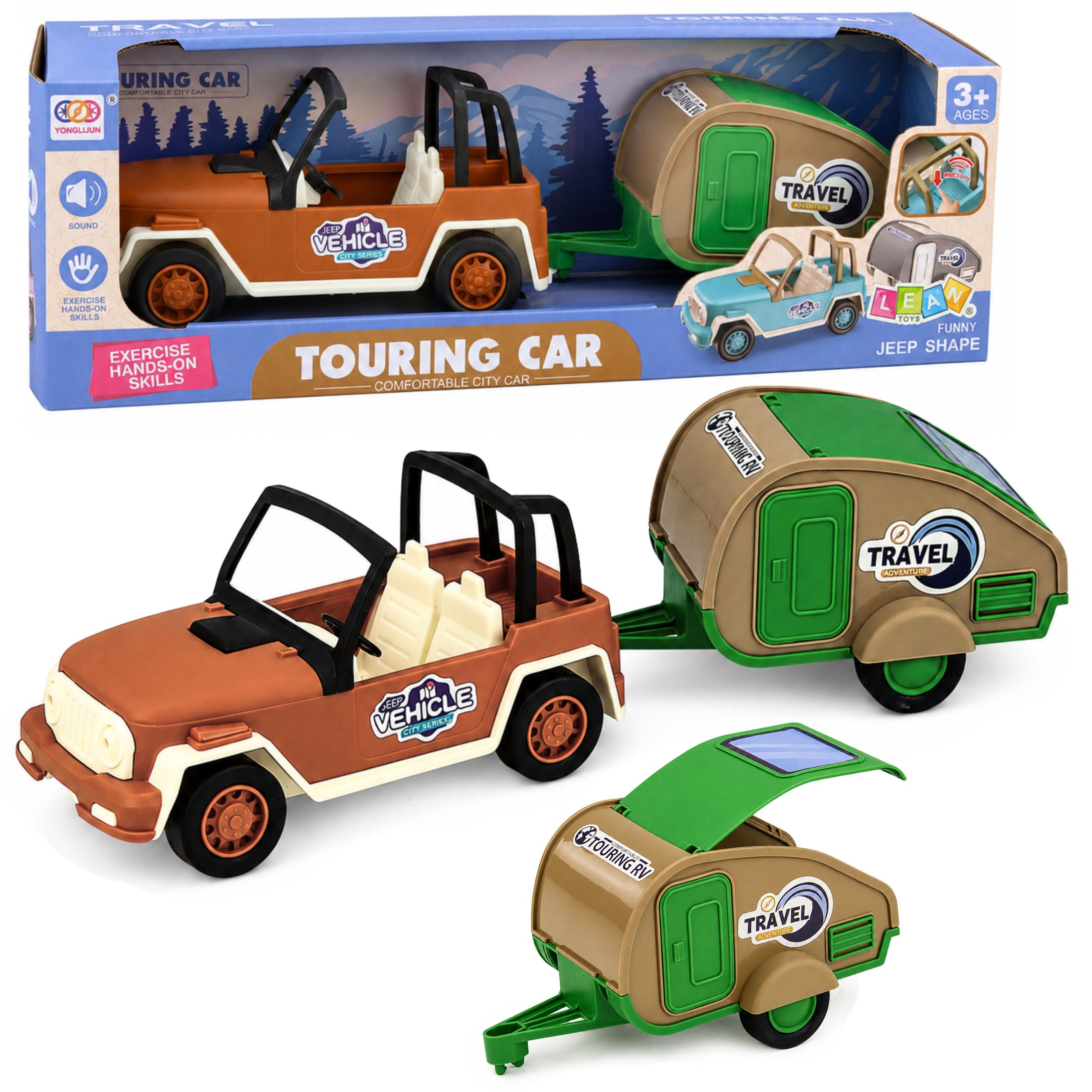 Off-road Vehicle With Camper Sounds Green And Brown Tourist Set