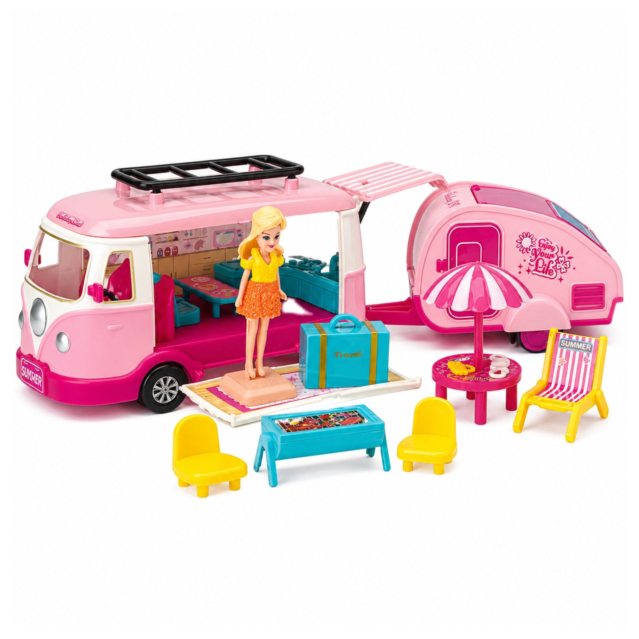 Travel Set Camper With Trailer Doll Furniture Accessories Pink