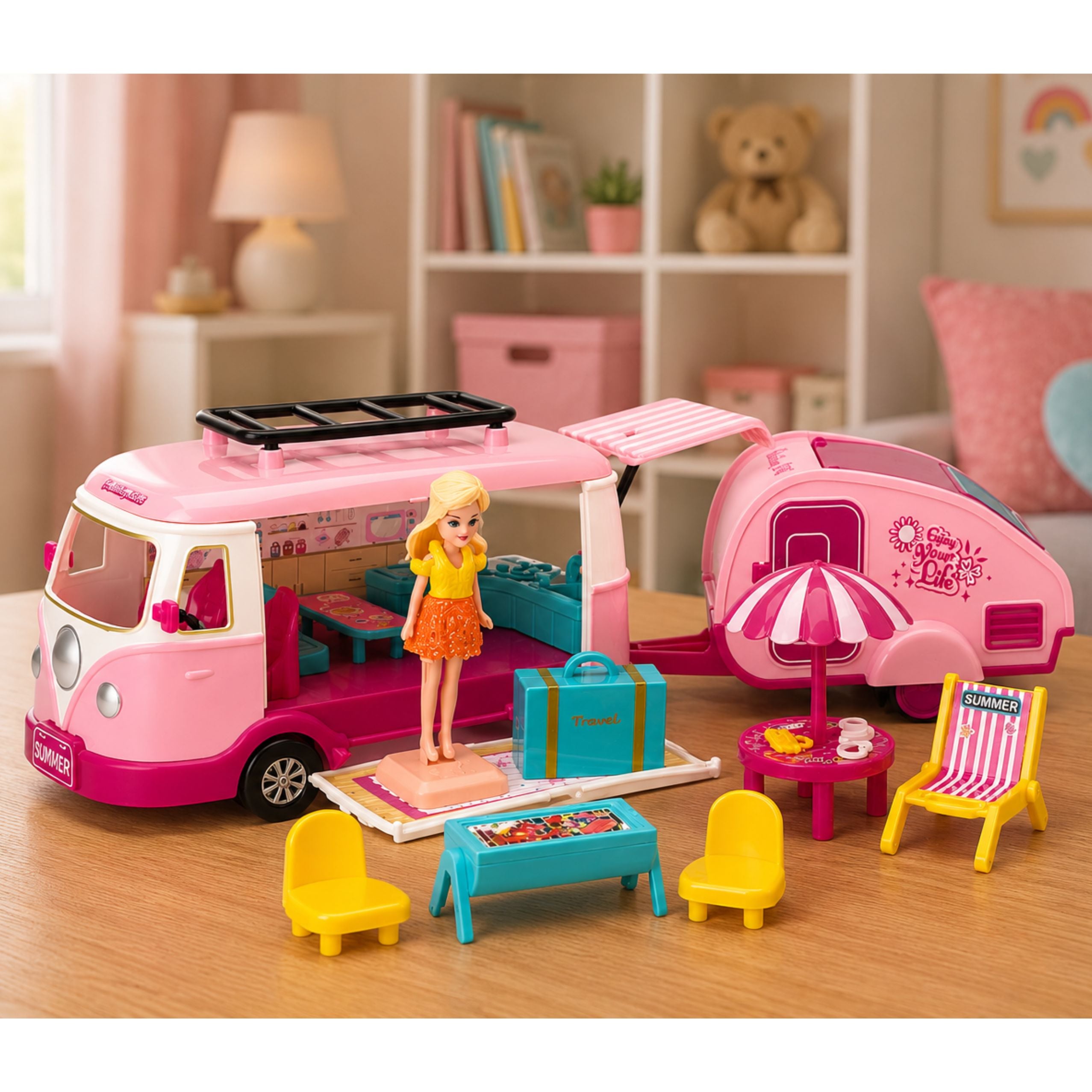 Travel Set Camper With Trailer Doll Furniture Accessories Pink