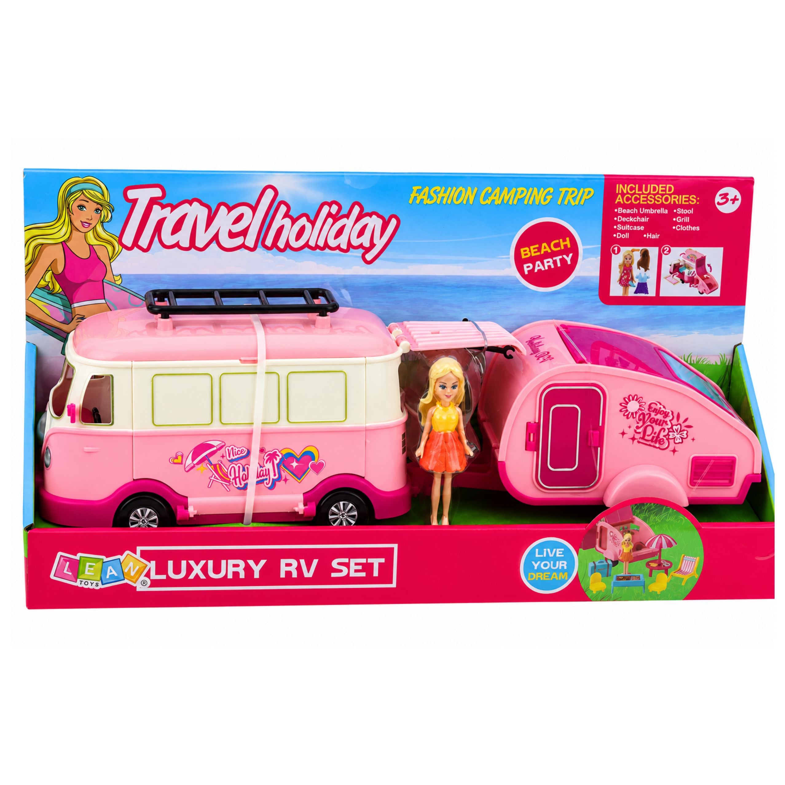 Travel Set Camper With Trailer Doll Furniture Accessories Pink