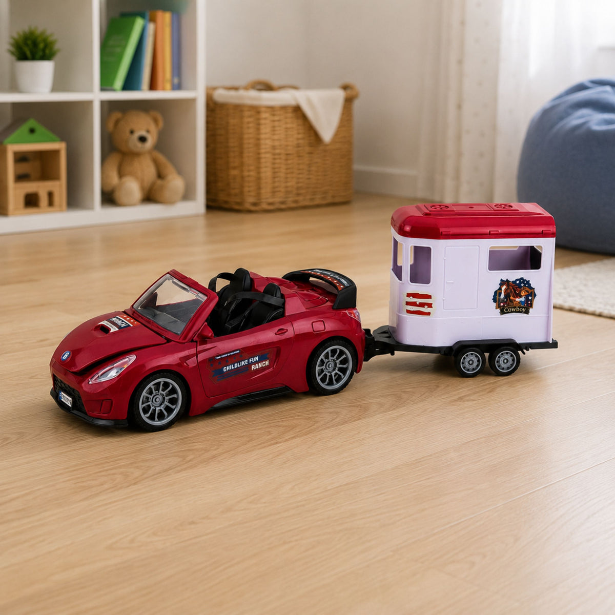 Burgundy Convertible Car With Horse Trailer Opening Doors Set