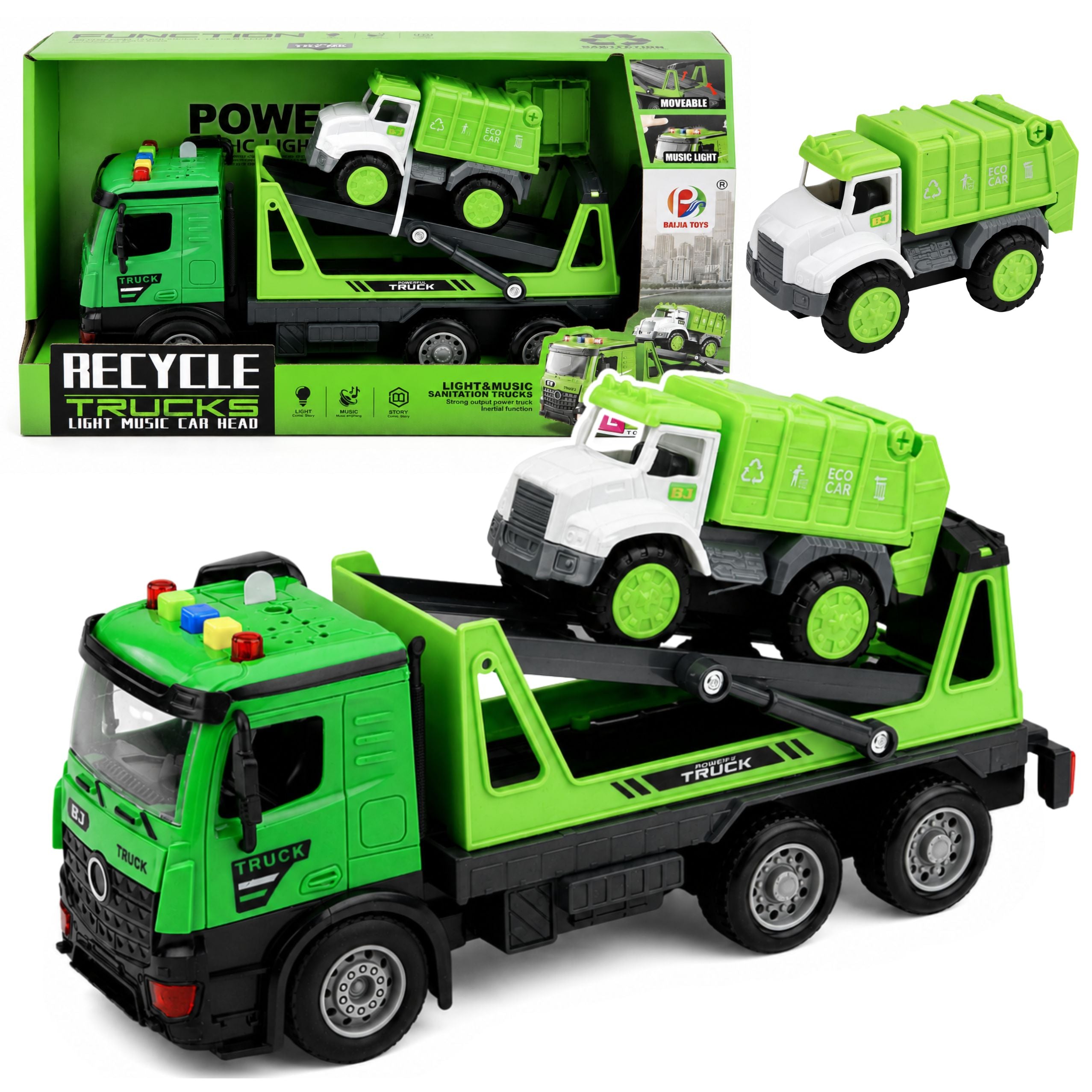 Tow Truck Garbage Truck Vehicle Set Lights Sounds Green