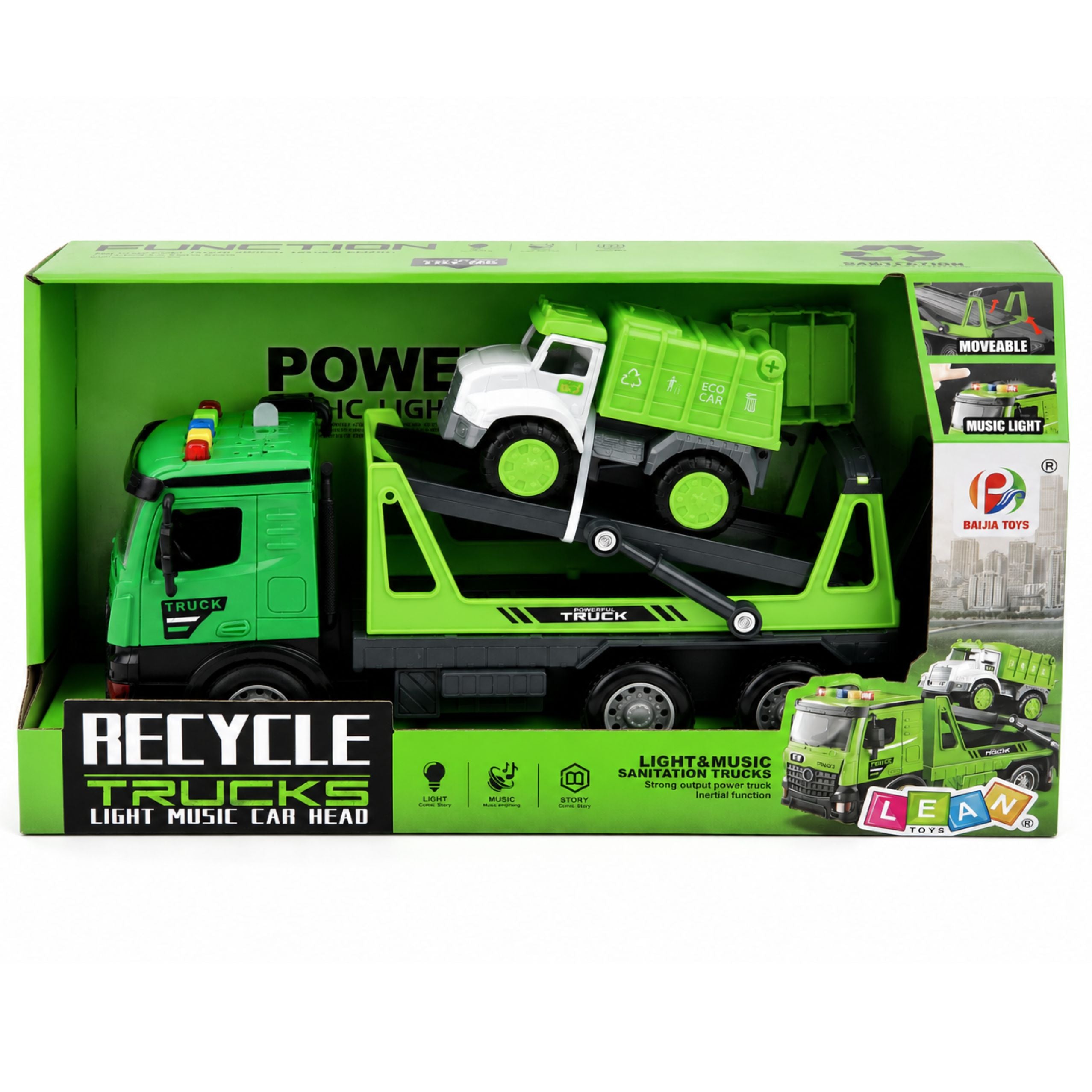 Tow Truck Garbage Truck Vehicle Set Lights Sounds Green