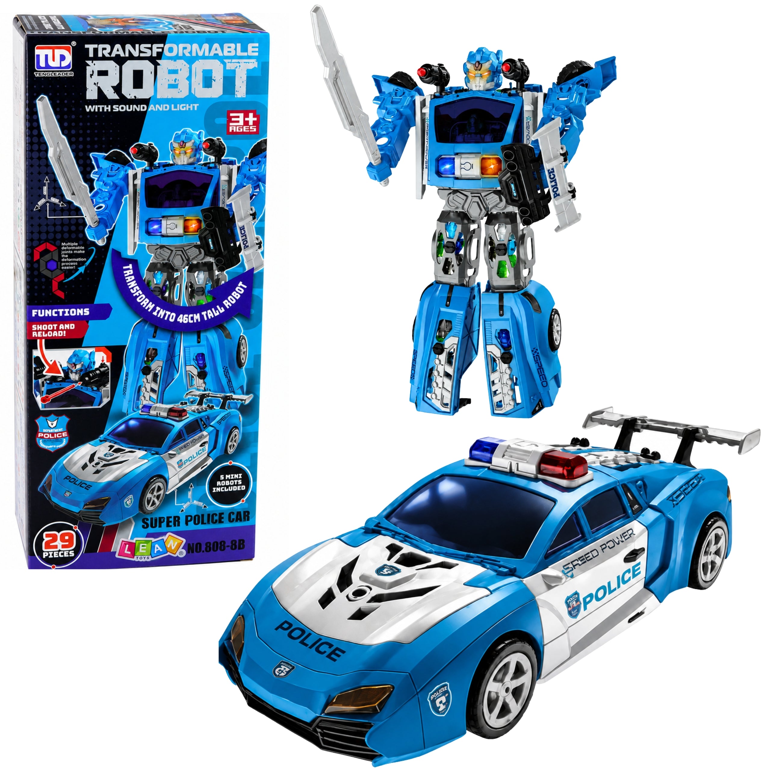 Auto Robot 2-i-1 politibil Launcher Små robotter Lyser Lyde