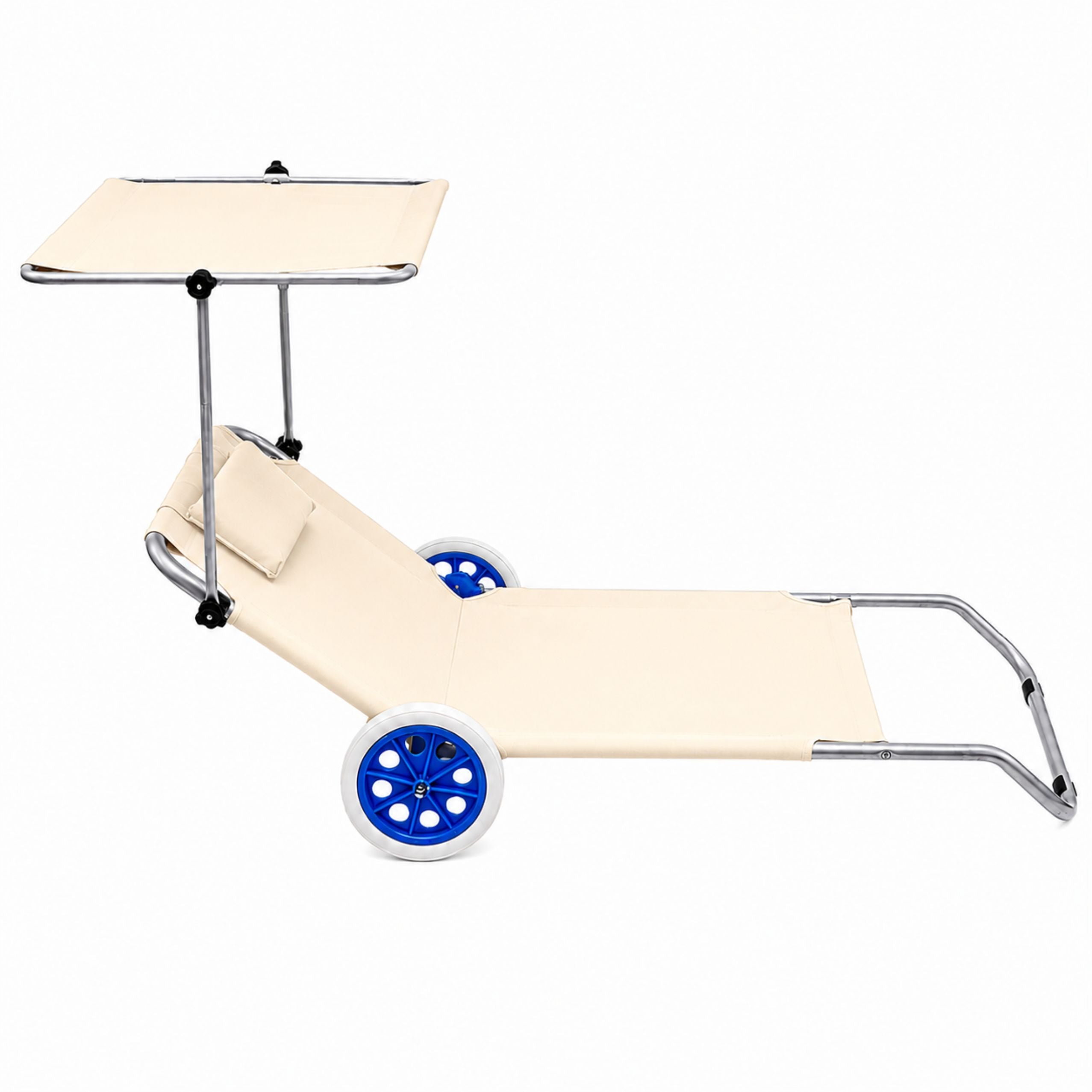 Beach Deckchair On Wheels Garden Folding Metal Canopy Cream