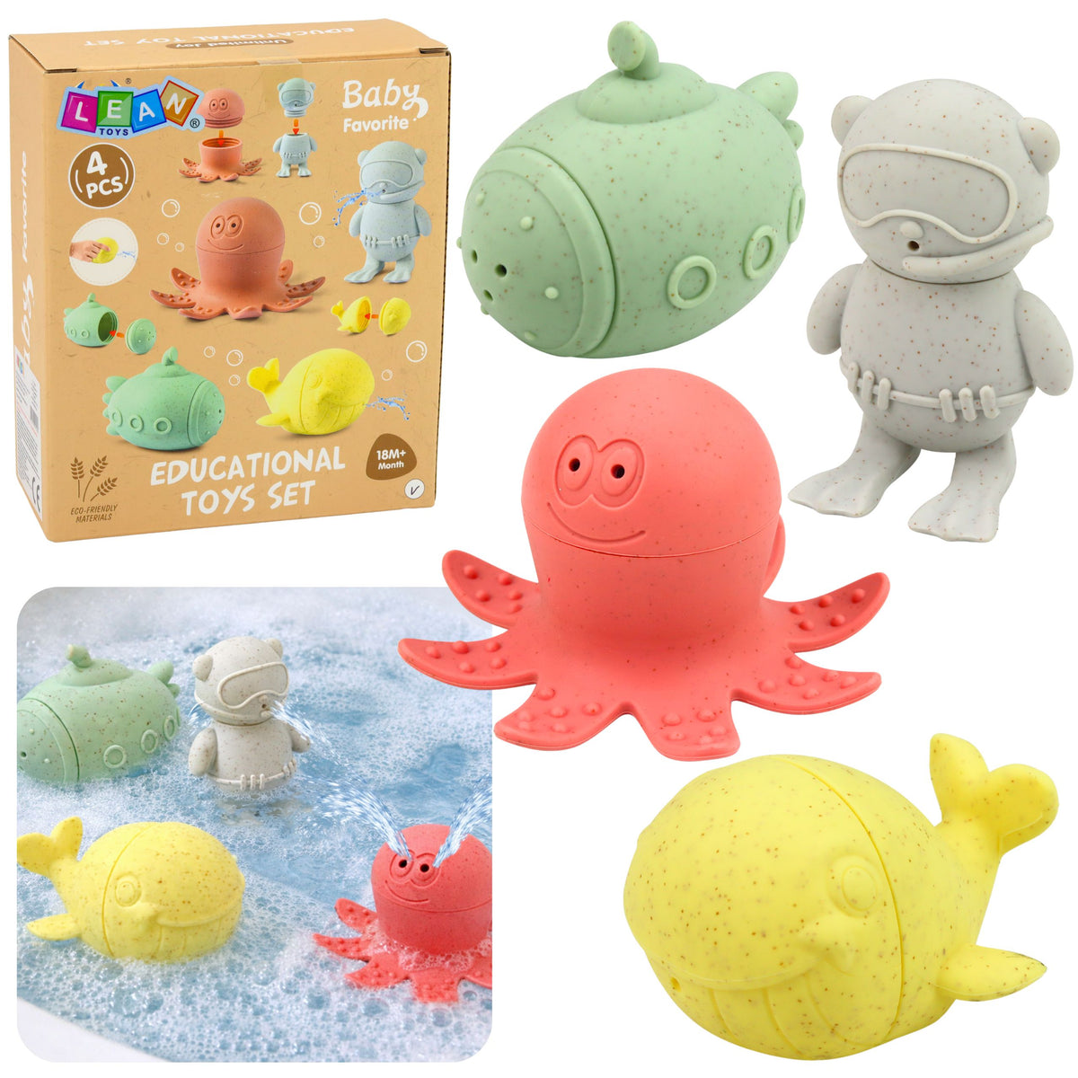 Brinquedos educativos para banho Figuras de borracha sensorial Pastel 4 peças.