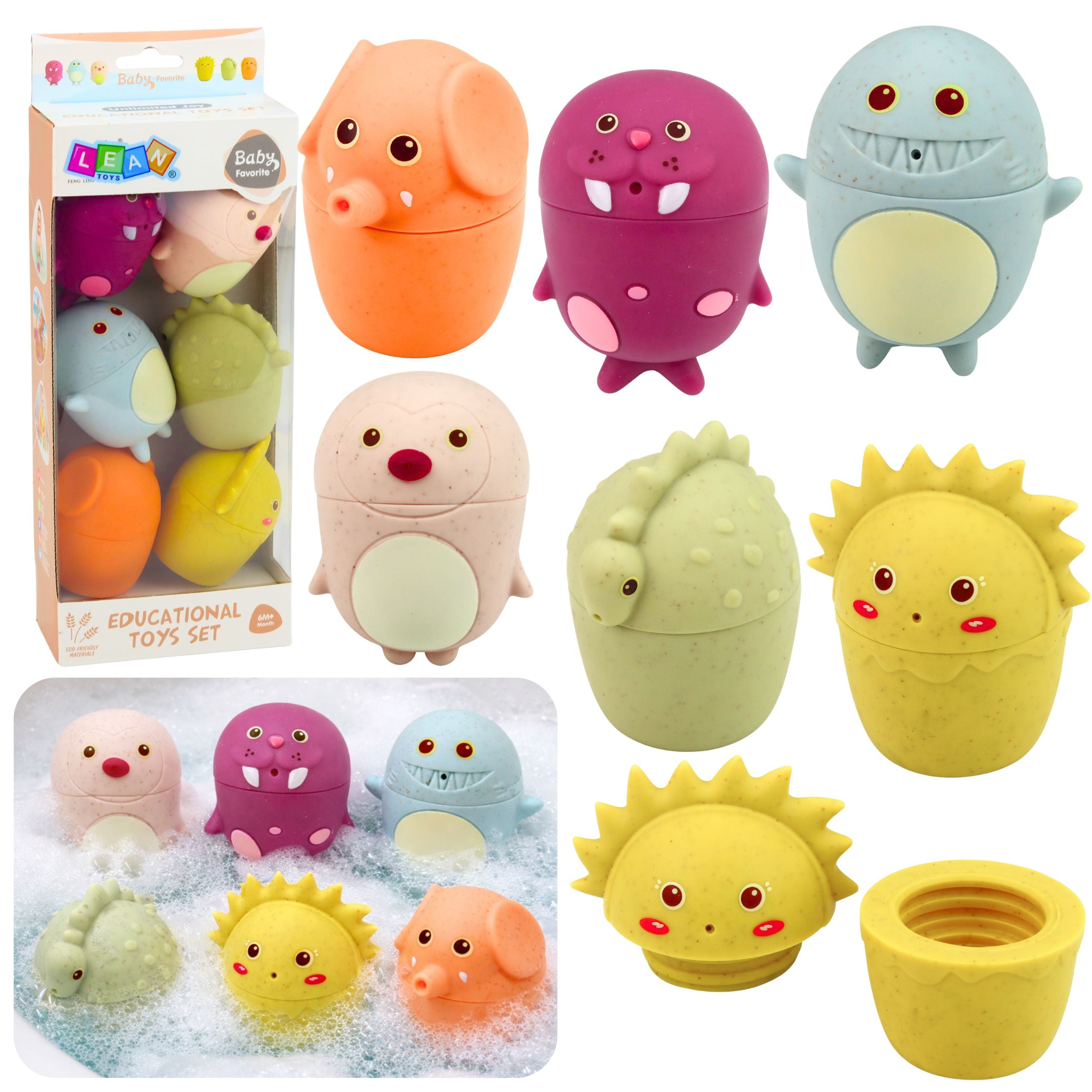 Educational Bath Toys Sensory Rubber Figures Pastel 6 Pcs.