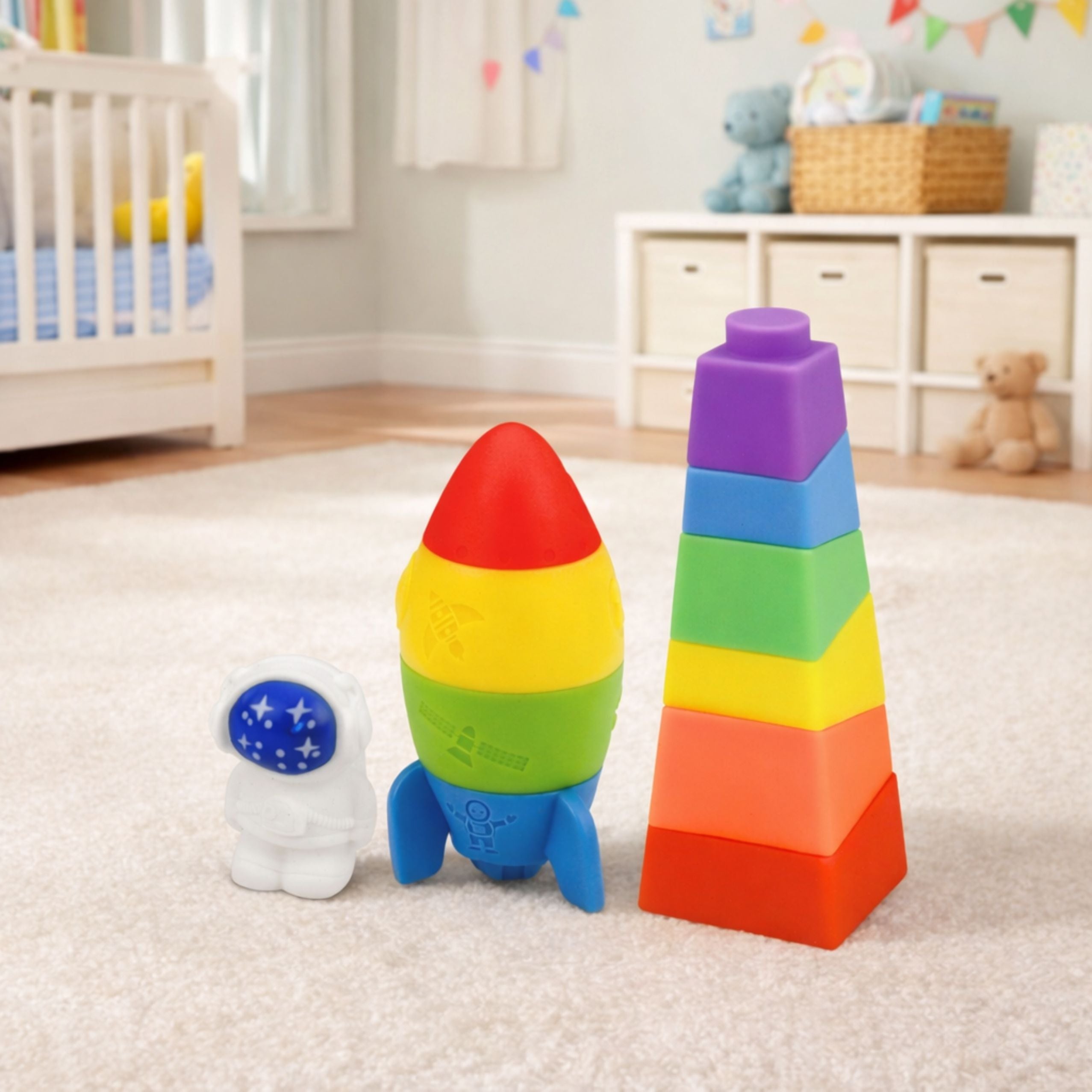Set Of Rubber Blocks Tower Rocket Cosmonaut Colorful 11 pcs.
