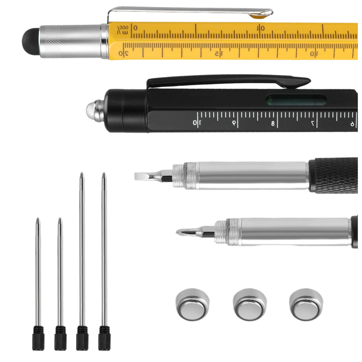 Stylos multifonctions 9 en 1, niveau à bulle, lampe de poche, tournevis, jaune, noir, 2 pièces
