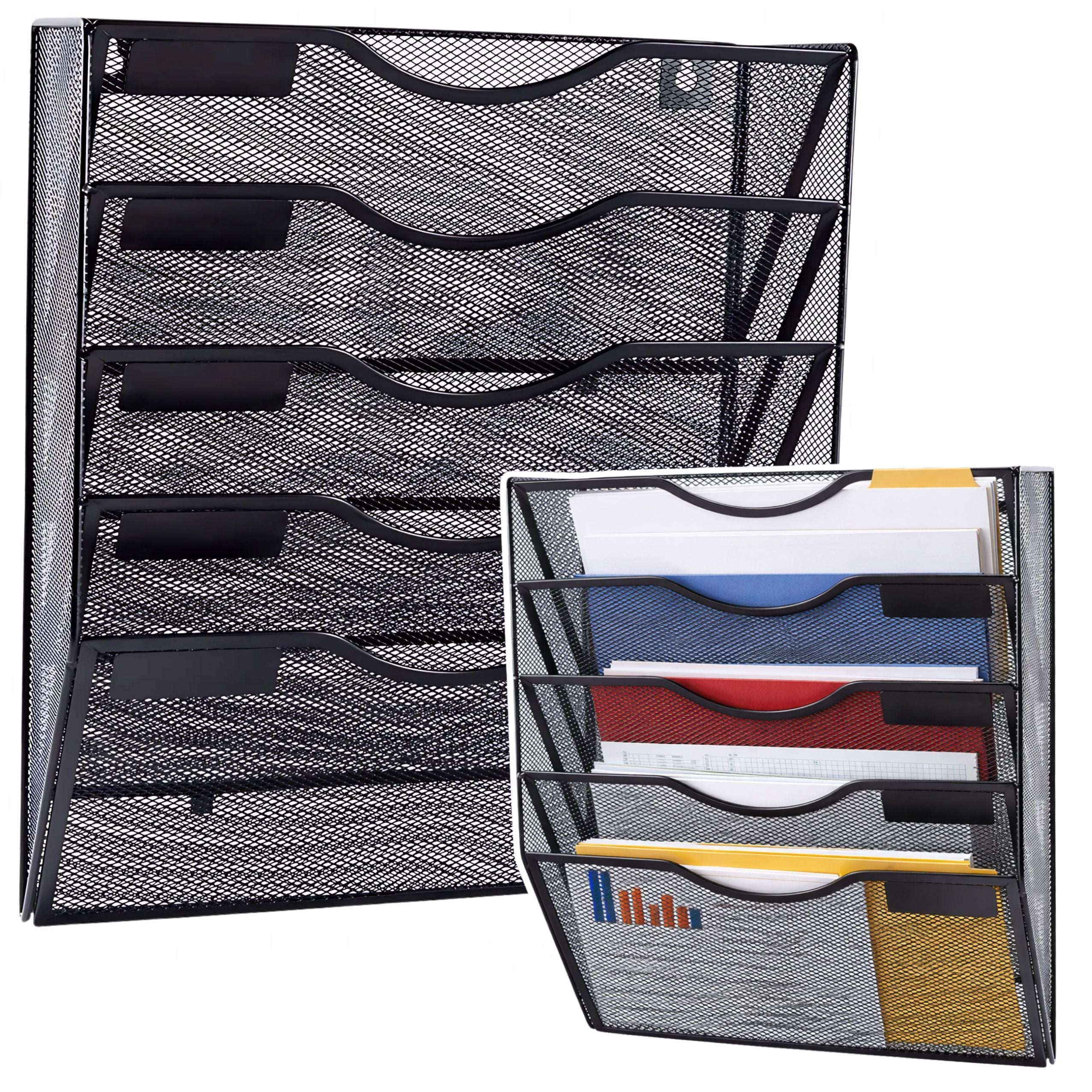 Metal Organizer For Documents And Newspapers Wall Shelf 5 Compartments A4 Black
