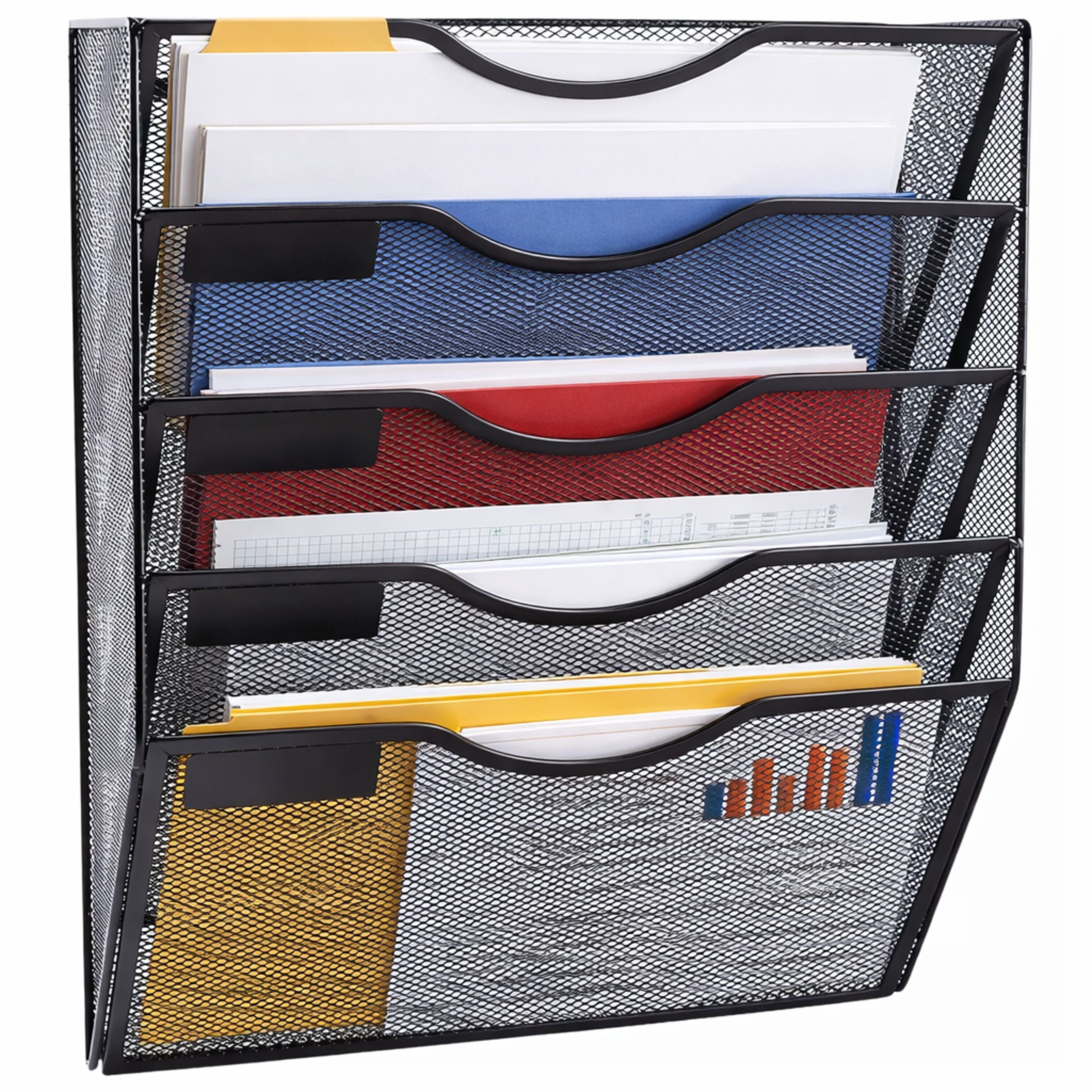 Metal Organizer For Documents And Newspapers Wall Shelf 5 Compartments A4 Black