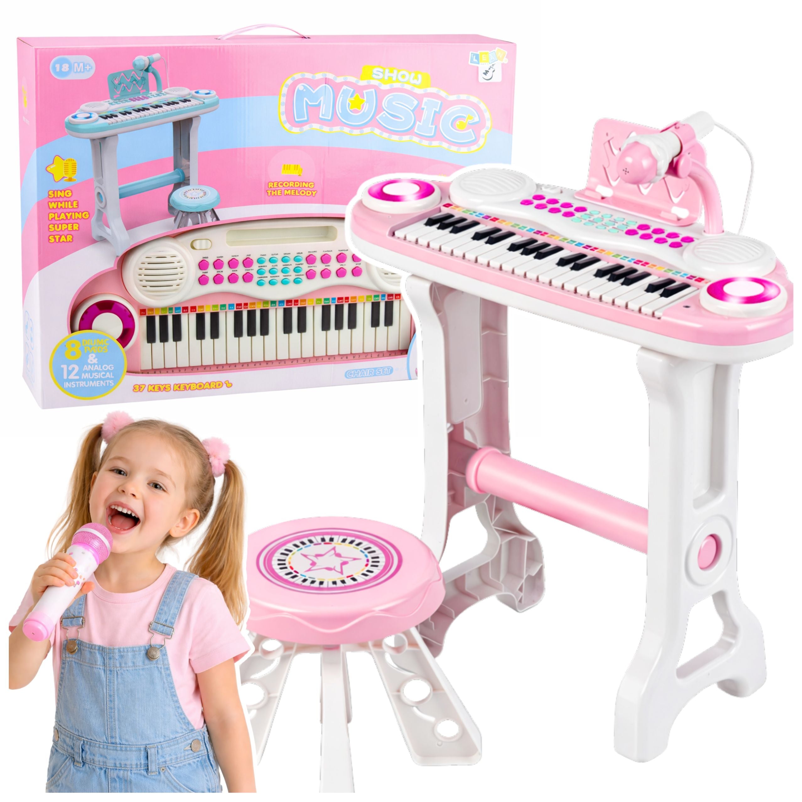 Electronic Piano Organ For Children Stool Microphone Mp3 Pink