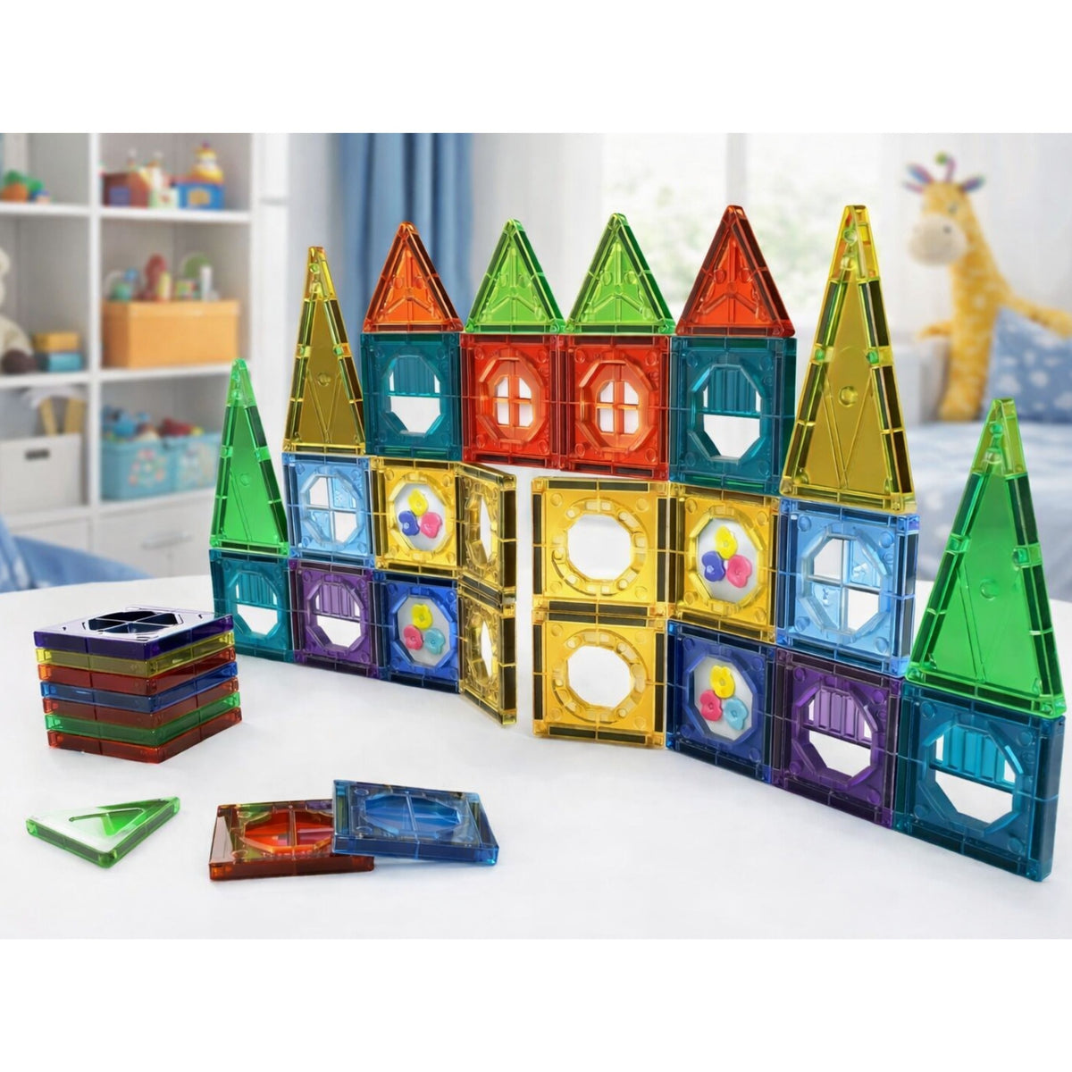 Set Of Magnetic Construction Blocks 3d Windows Colored Panels 56 Pcs.