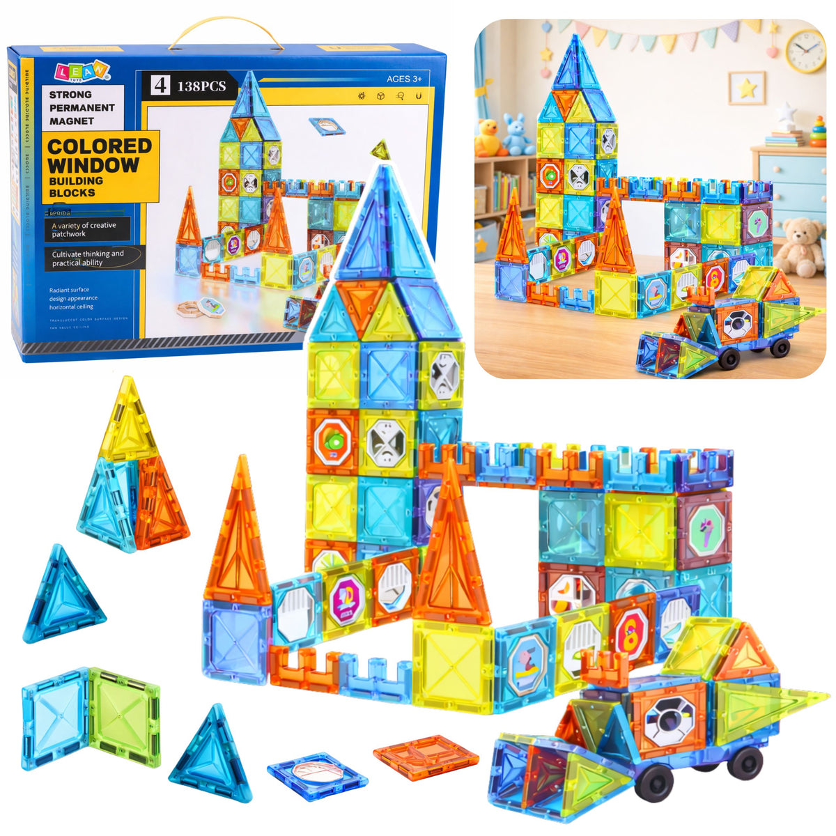 Magnetic Educational Blocks Windows With 3d Vehicle Stickers 138 Pcs.