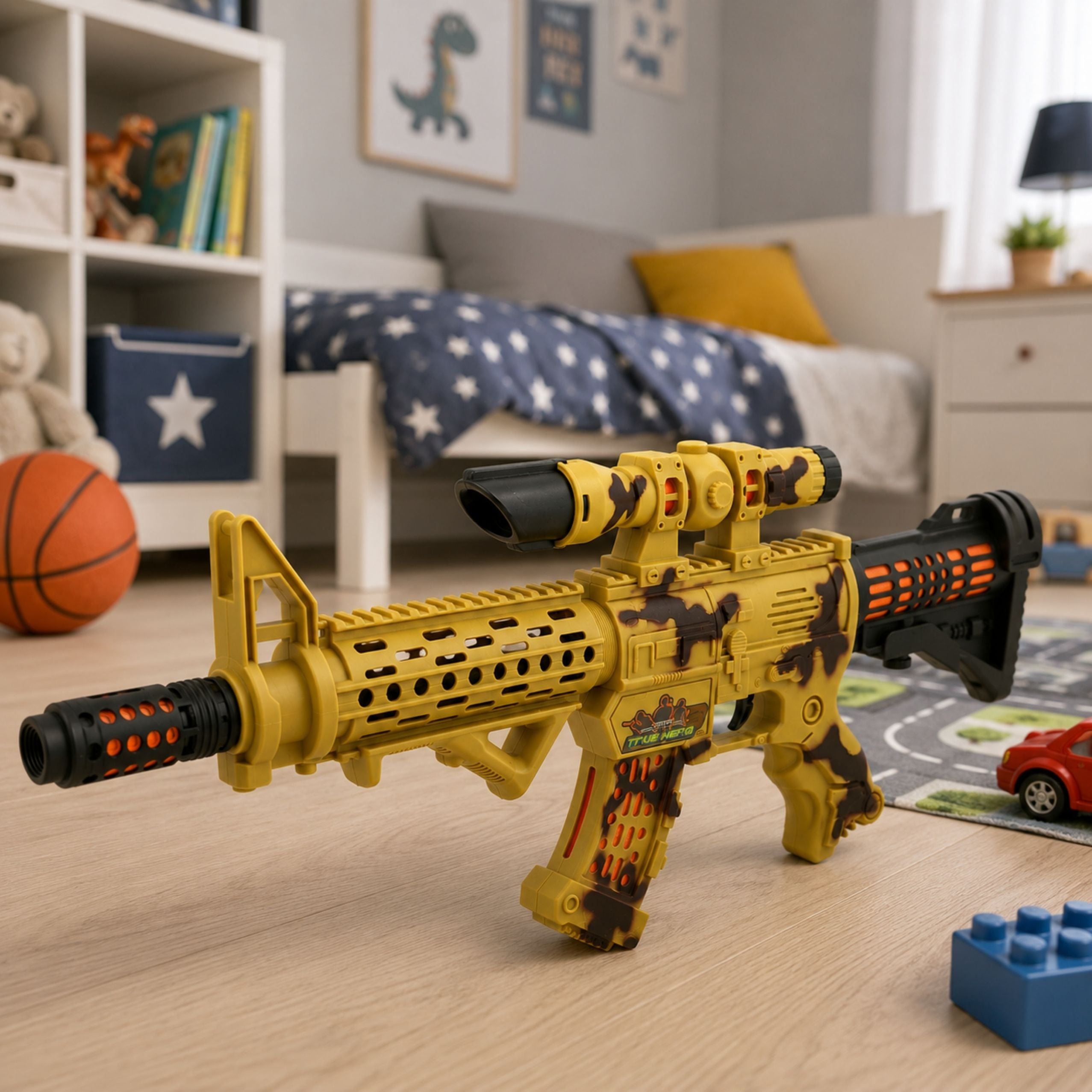 Toy Rifle Camouflage Scope Movable Silencer Lights Sounds 54 Cm