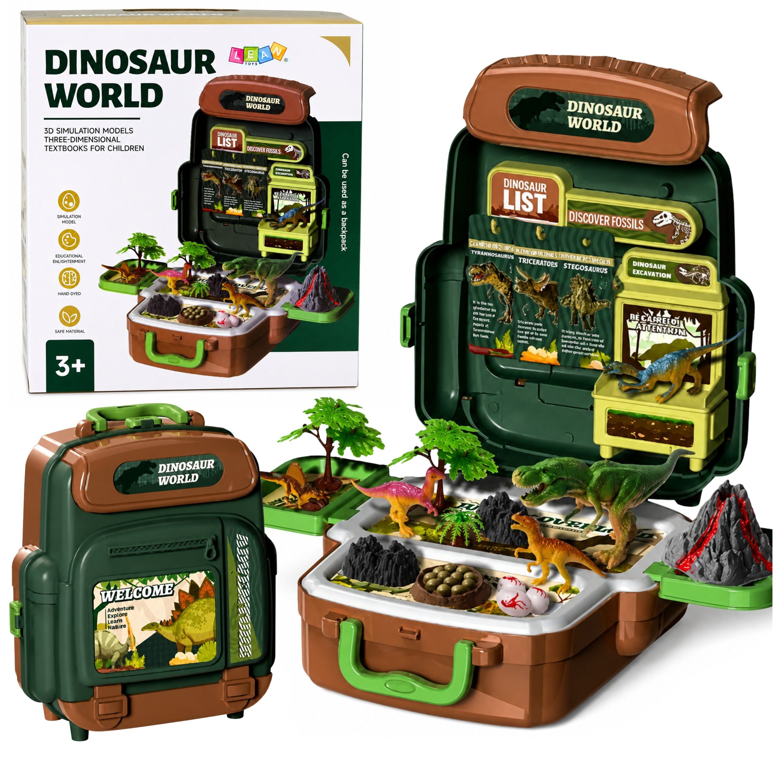 Set Of Dinosaurs In A Backpack Suitcase Figures Educational Cards Accessories 30 Pcs.