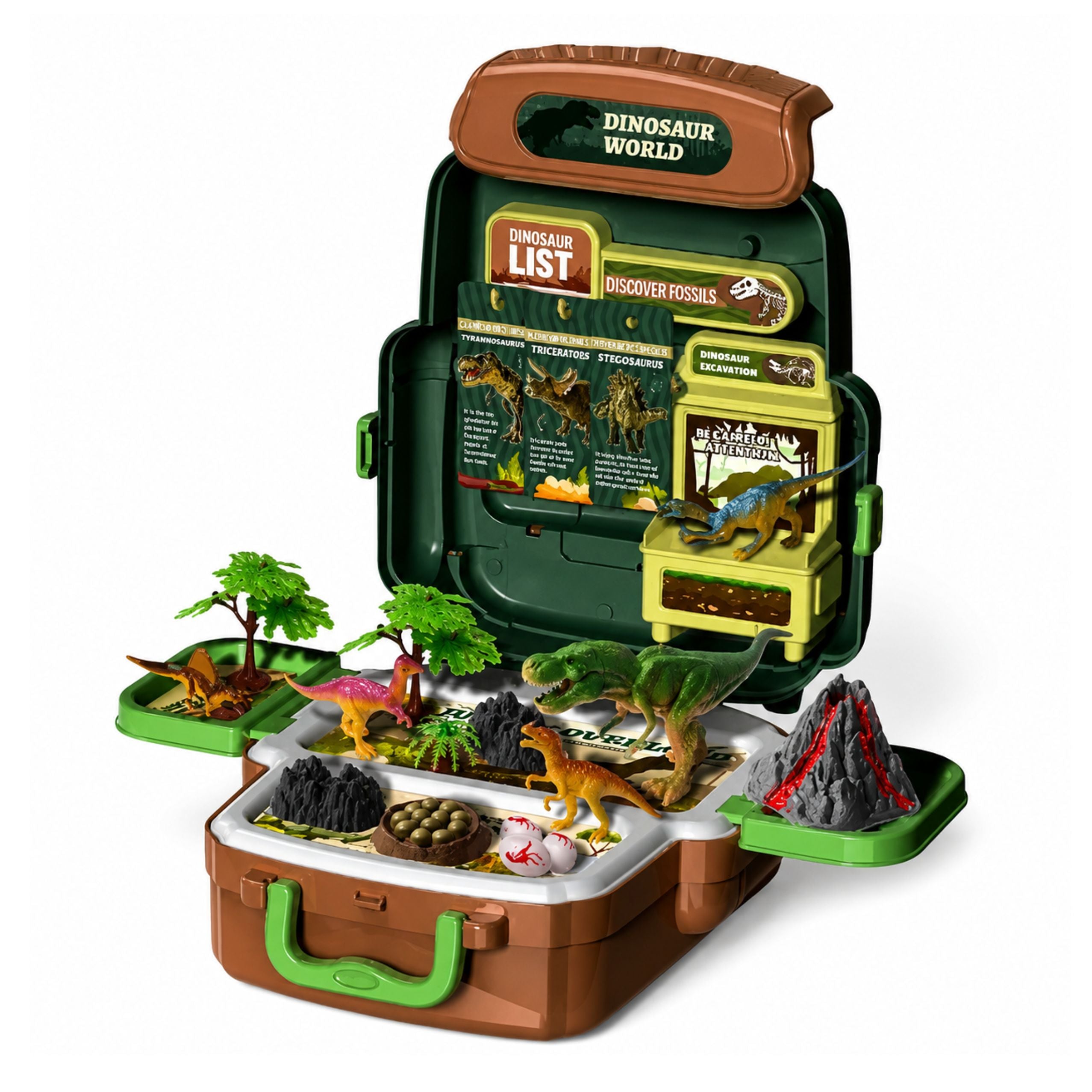 Set Of Dinosaurs In A Backpack Suitcase Figures Educational Cards Accessories 30 Pcs.