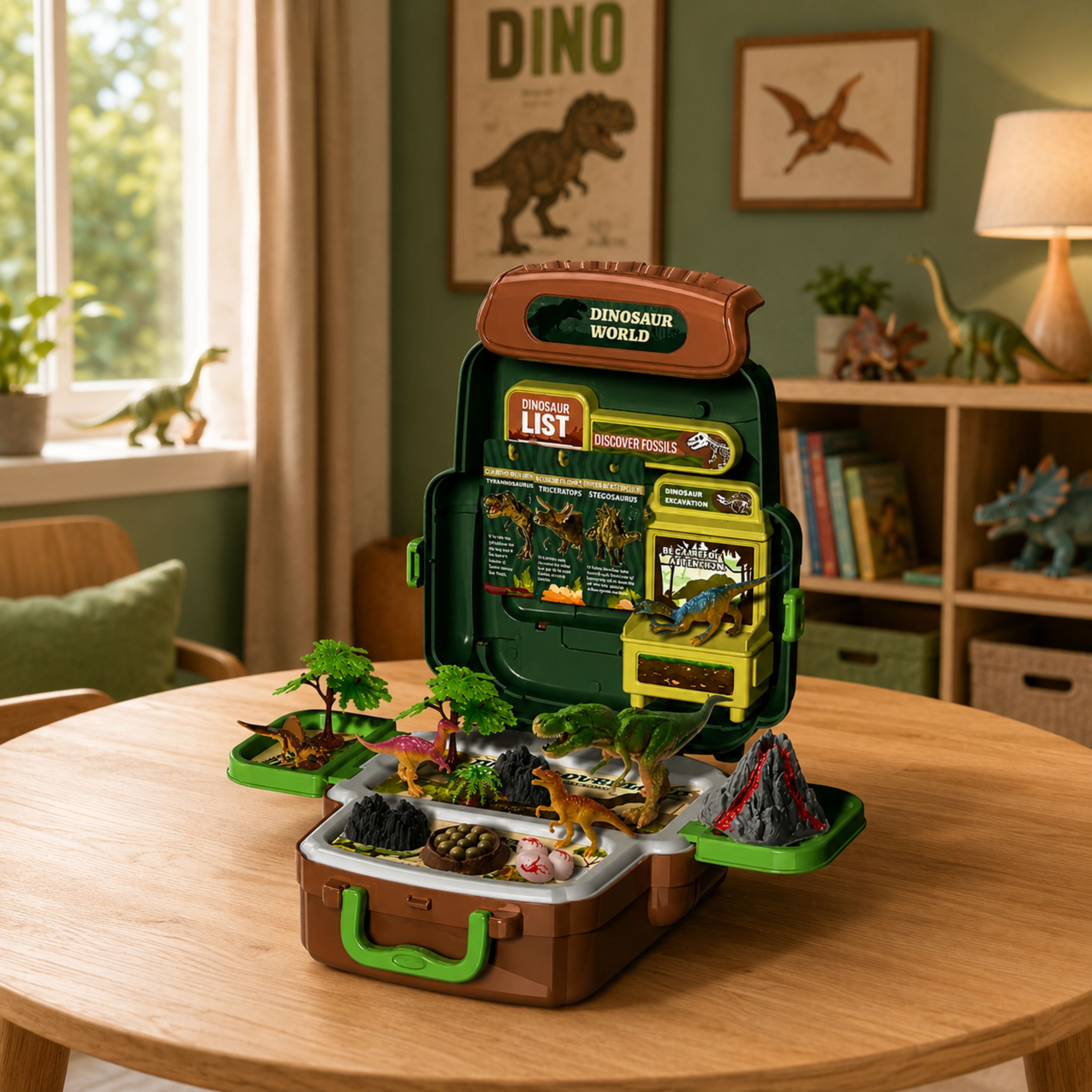 Set Of Dinosaurs In A Backpack Suitcase Figures Educational Cards Accessories 30 Pcs.