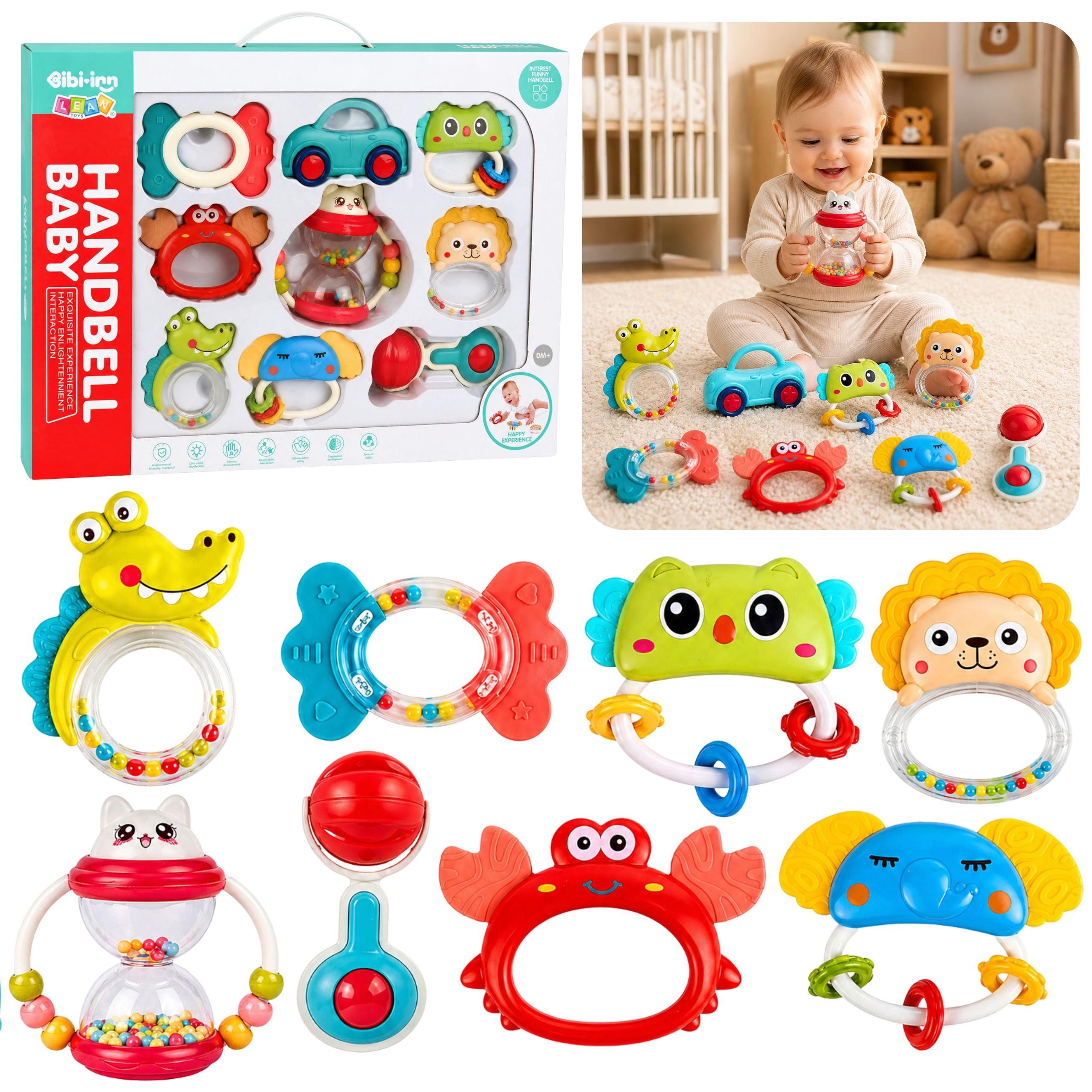 Set Of Rattles Teethers Toys For Toddlers Colorful Moving 9 Pcs.