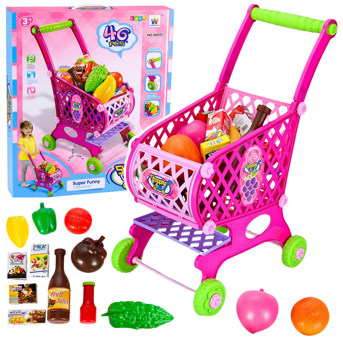 Large Shopping Cart For Children Grocery Products Pink 52cm 46 Pcs.