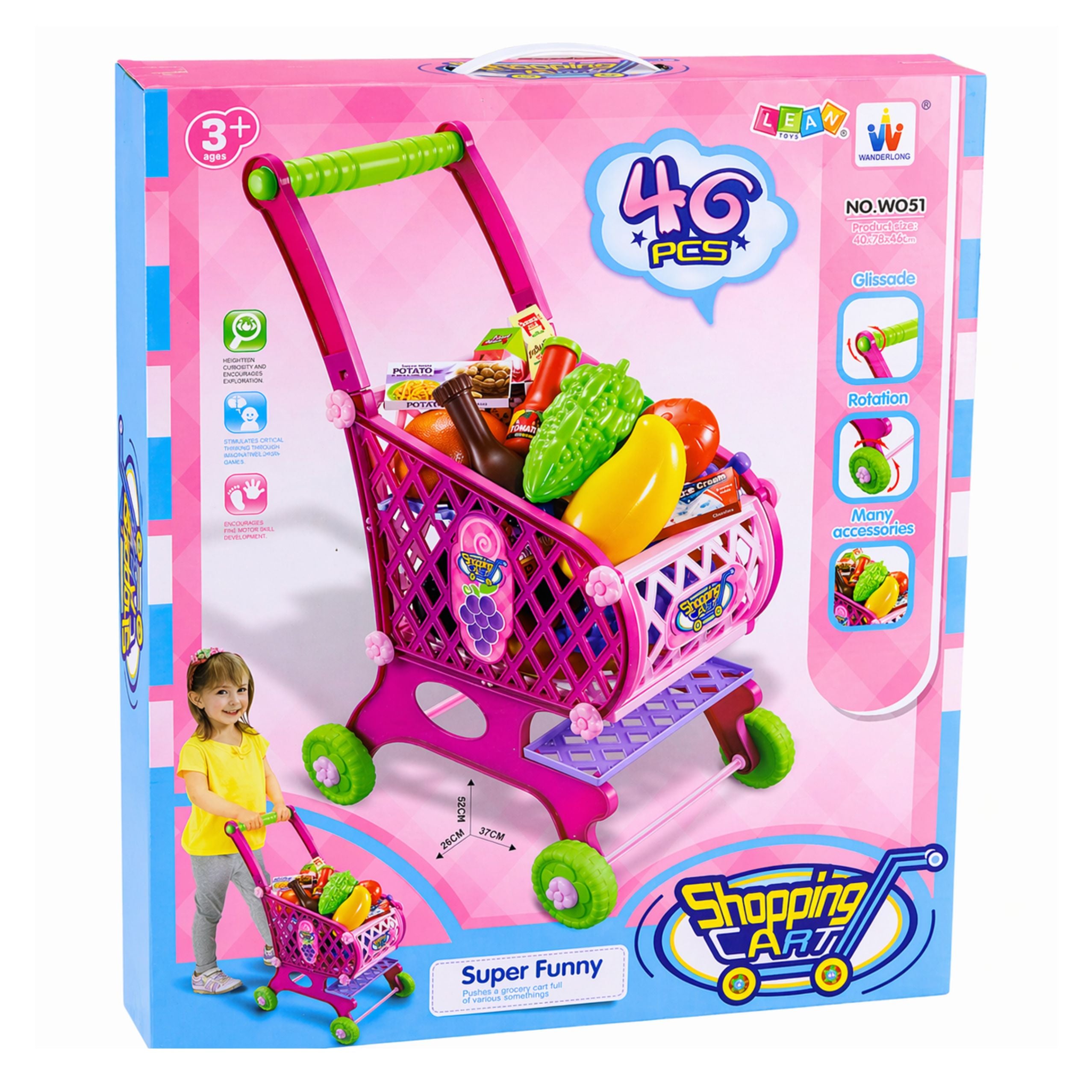 Large Shopping Cart For Children Grocery Products Pink 52cm 46 Pcs.