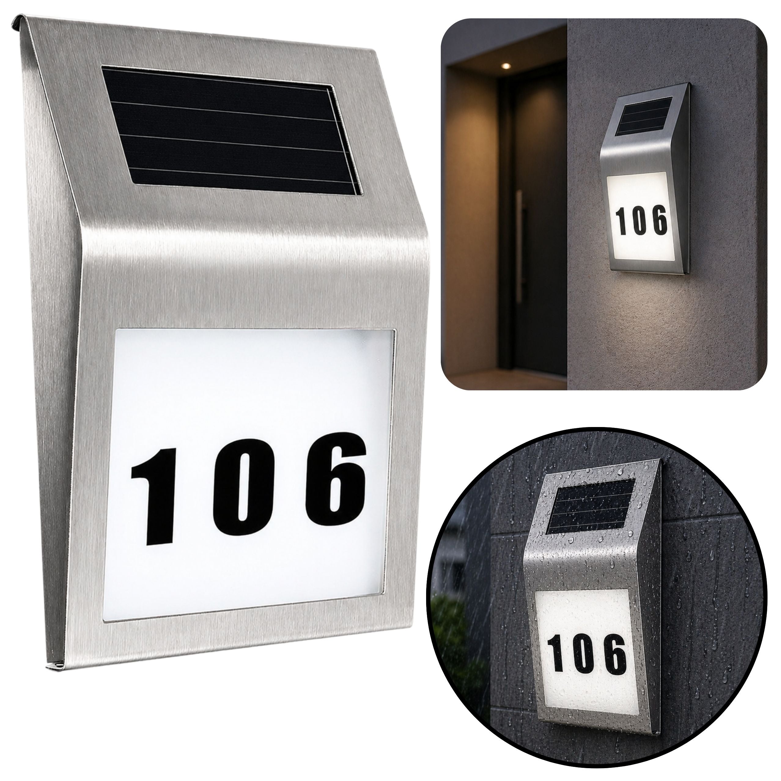 Solar Led Wall Lamp With House Number Illuminated Stainless Steel