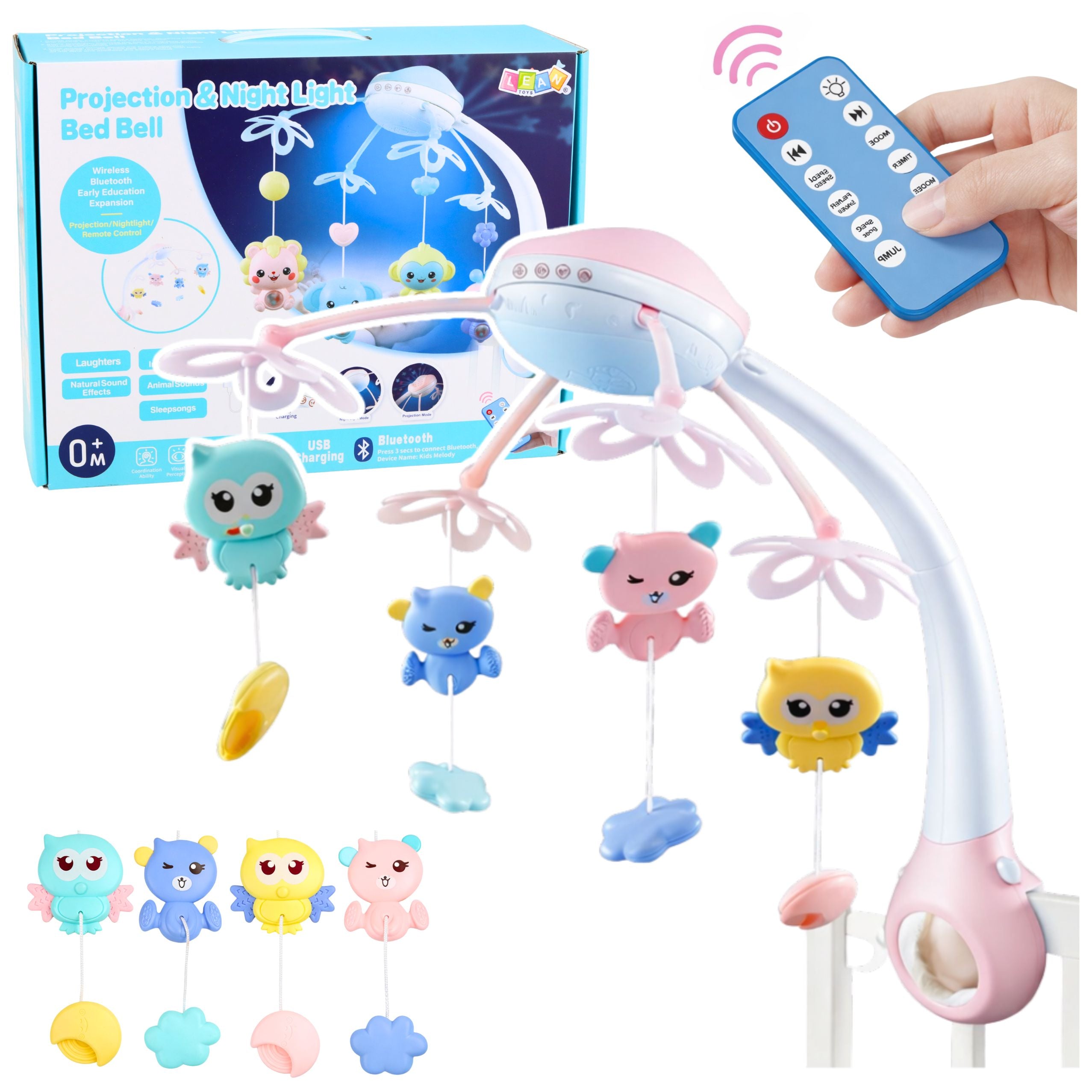 Crib Carousel Projector 2 In 1 Melodies Animal Sounds Remote Control Pink