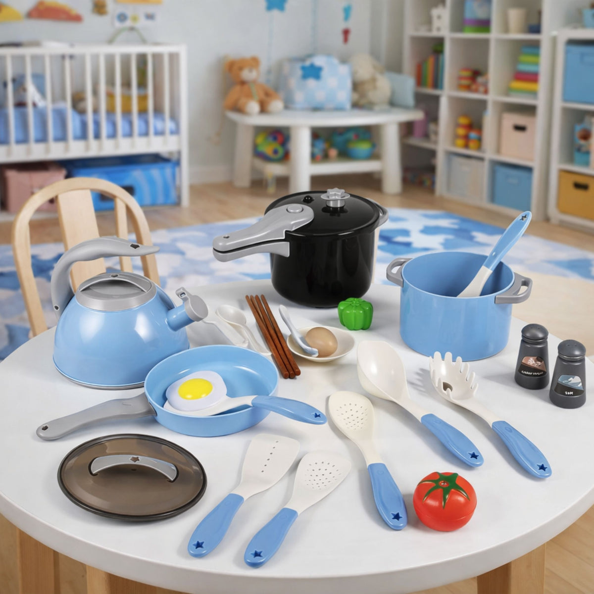 Ensemble d'ustensiles de cuisine, casseroles, poêle, bouilloire, accessoires bleu, 32 pièces.
