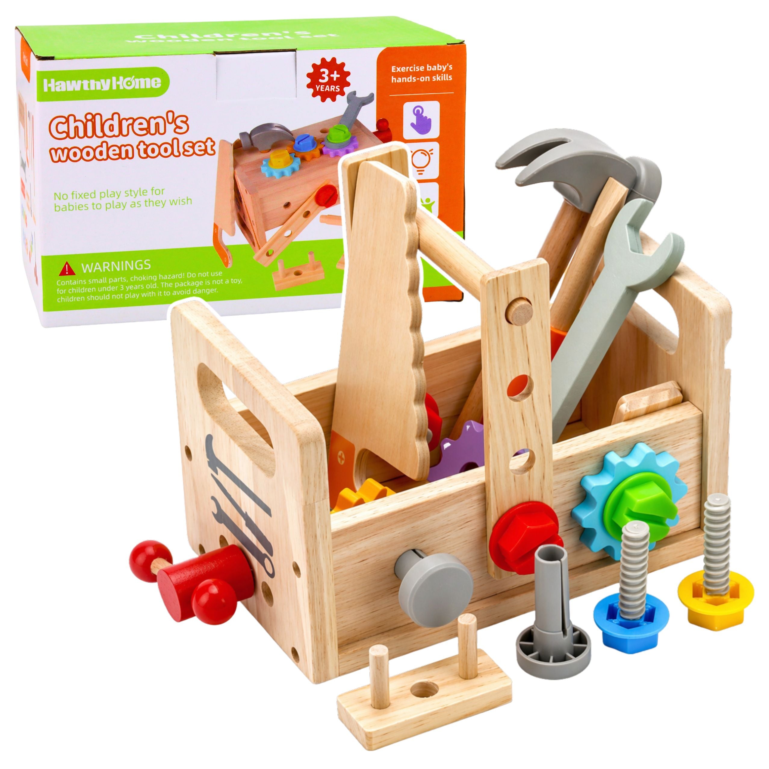 Wooden Toolbox Set For Children With Gears And Nuts
