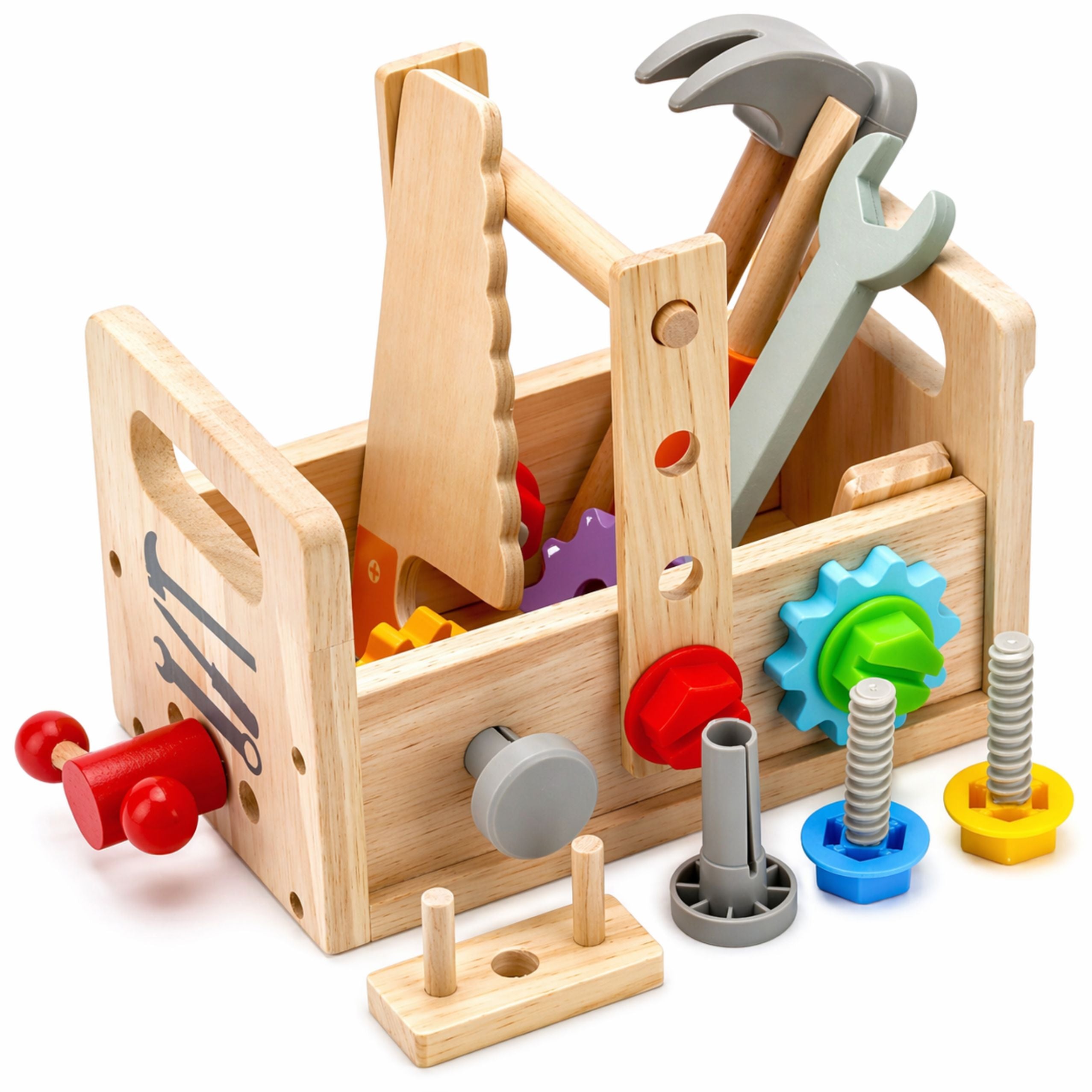 Wooden Toolbox Set For Children With Gears And Nuts