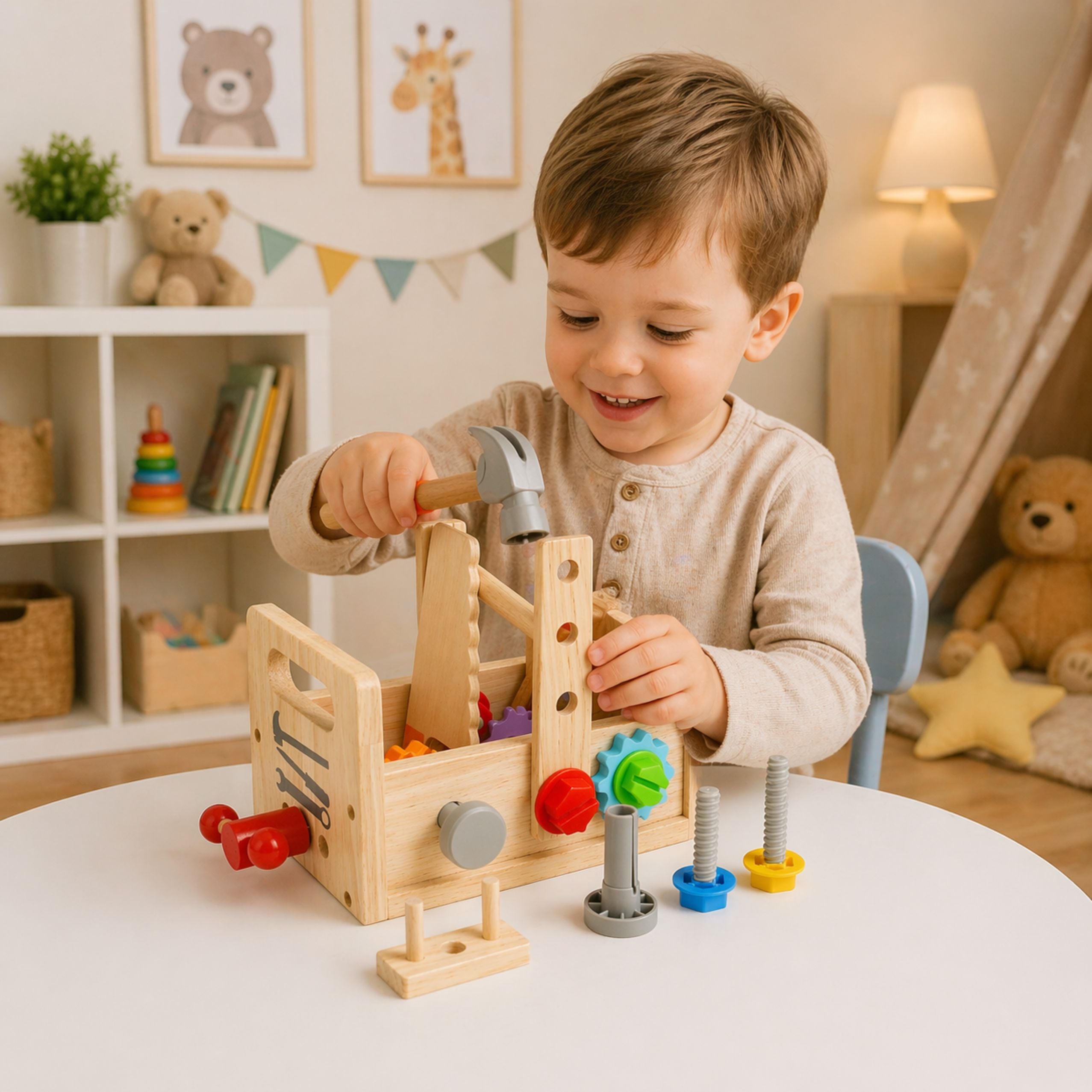 Wooden Toolbox Set For Children With Gears And Nuts