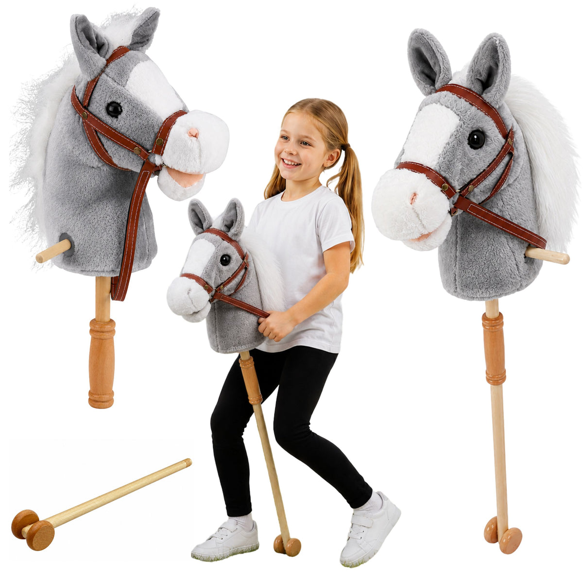 Hobby Horse Cavallo su bastone Testa di cavallo al galoppo Suoni di nitrito Grigio 100 cm