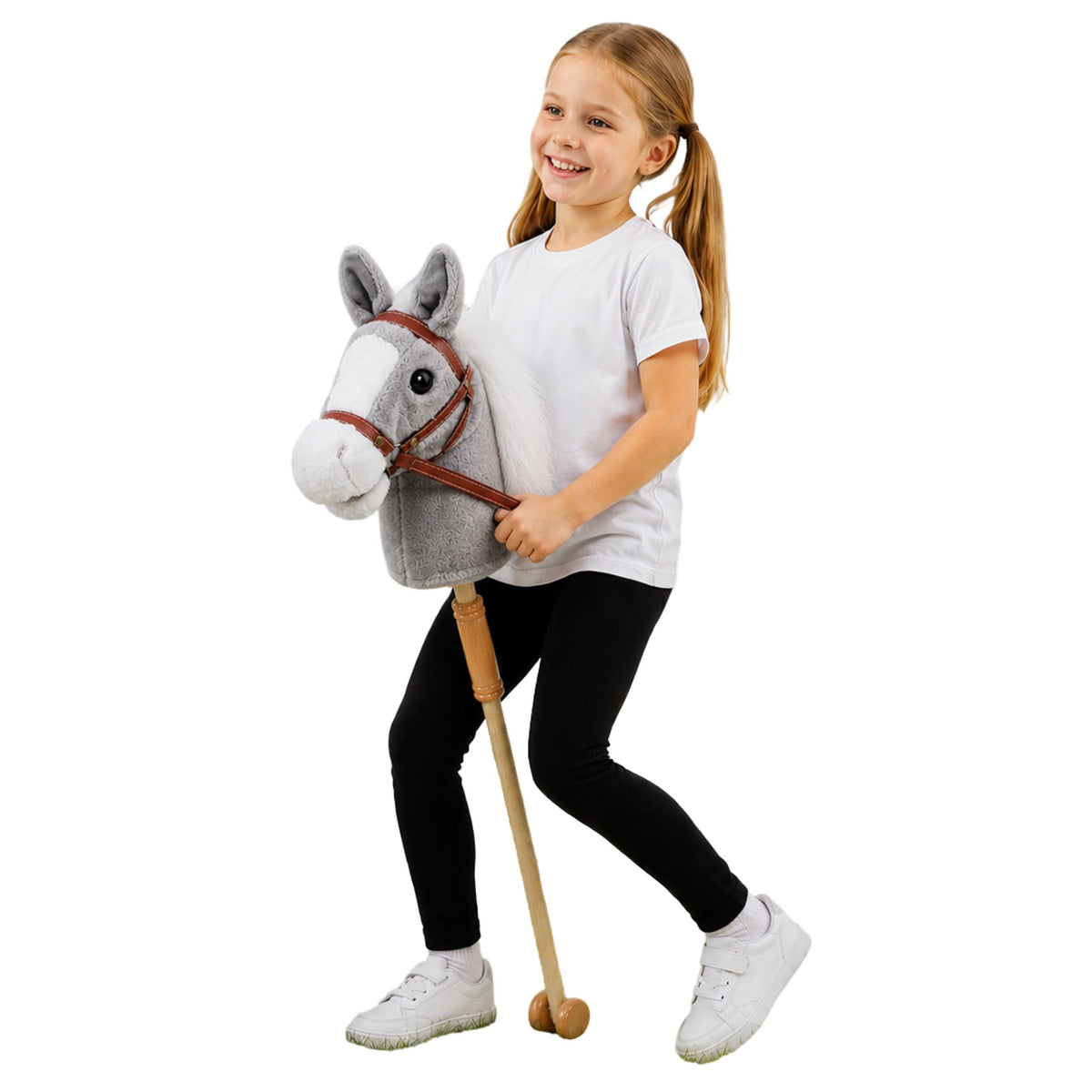 Hobby Horse Cavallo su bastone Testa di cavallo al galoppo Suoni di nitrito Grigio 100 cm