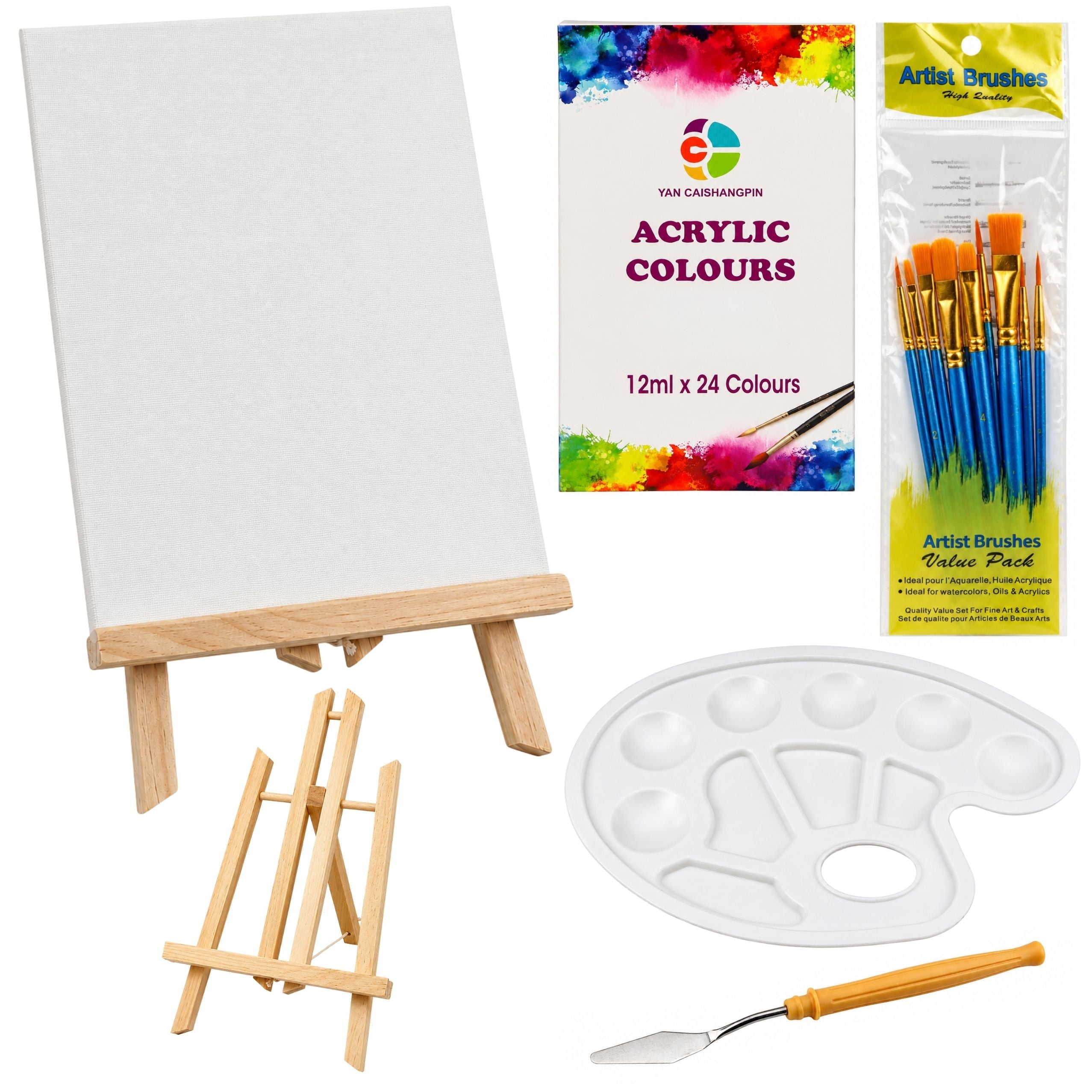 Artistic Painting Set: Easel 12 Canvases 24 Acrylic Paints Brushes