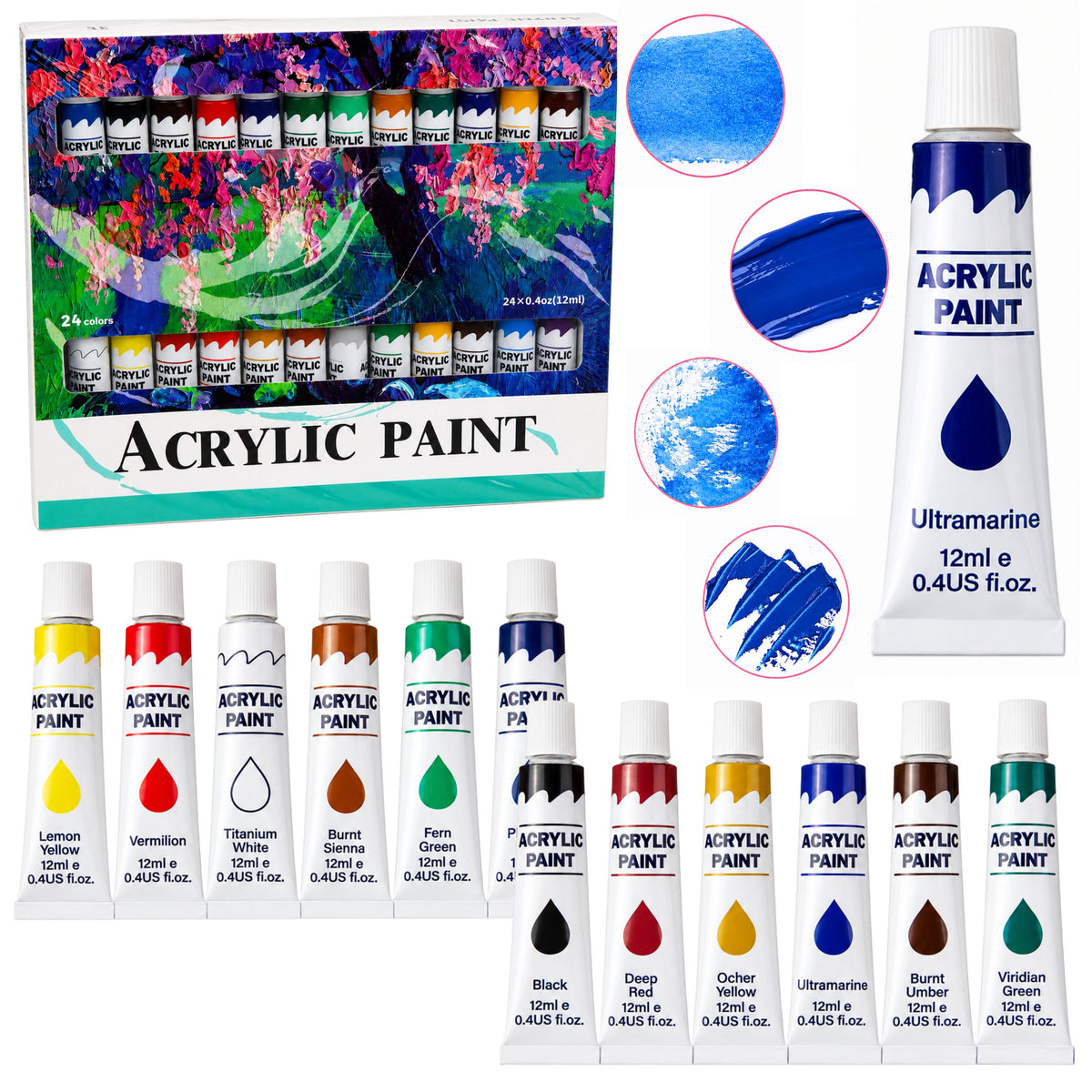 Péint Aicrileach Ealaíne Socraigh 24 Dathanna 12 Ml