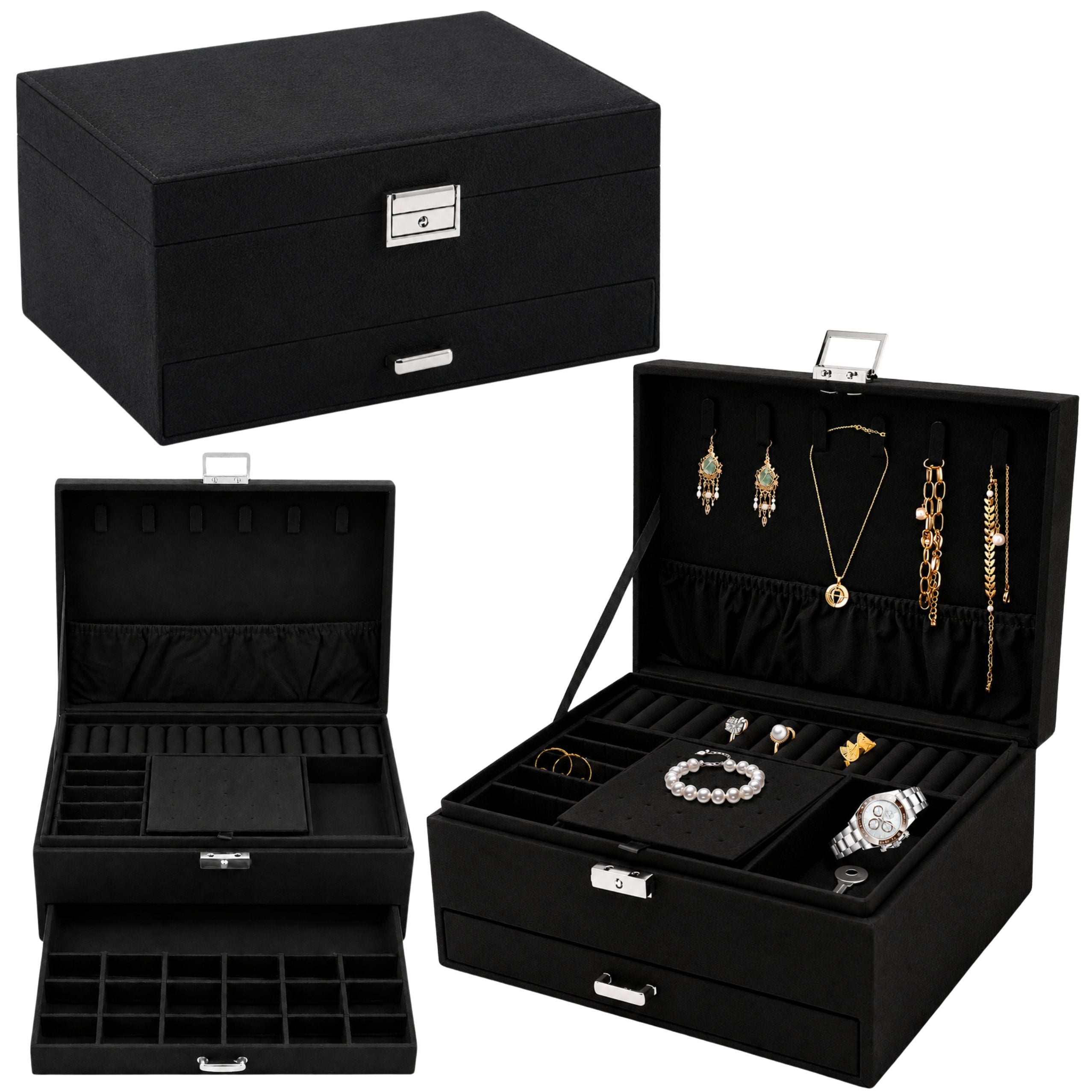 Jewelry Organizer Box With Drawer And Key Black Velvet