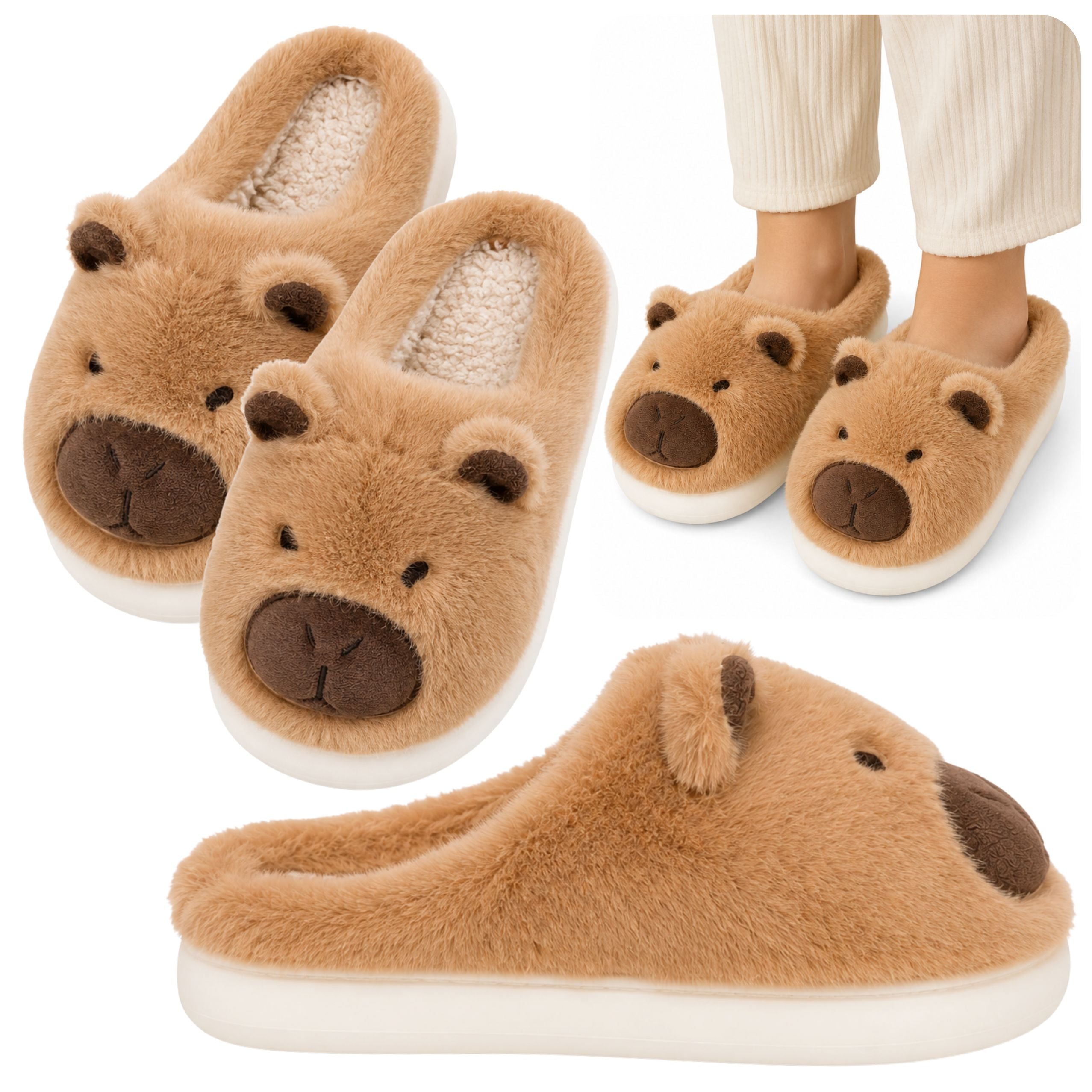 Plysch Capybara House Tofflor Med Öron Varm Mjuk Beige Stl 34-35