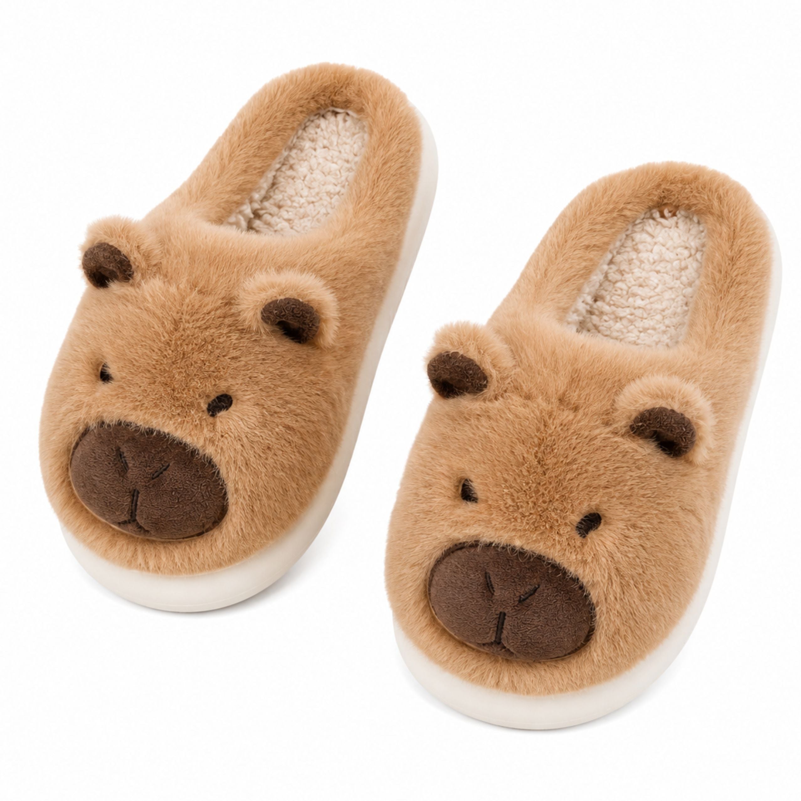 Plush Capybara House Slippers With Ears Warm Soft Beige Size 34-35