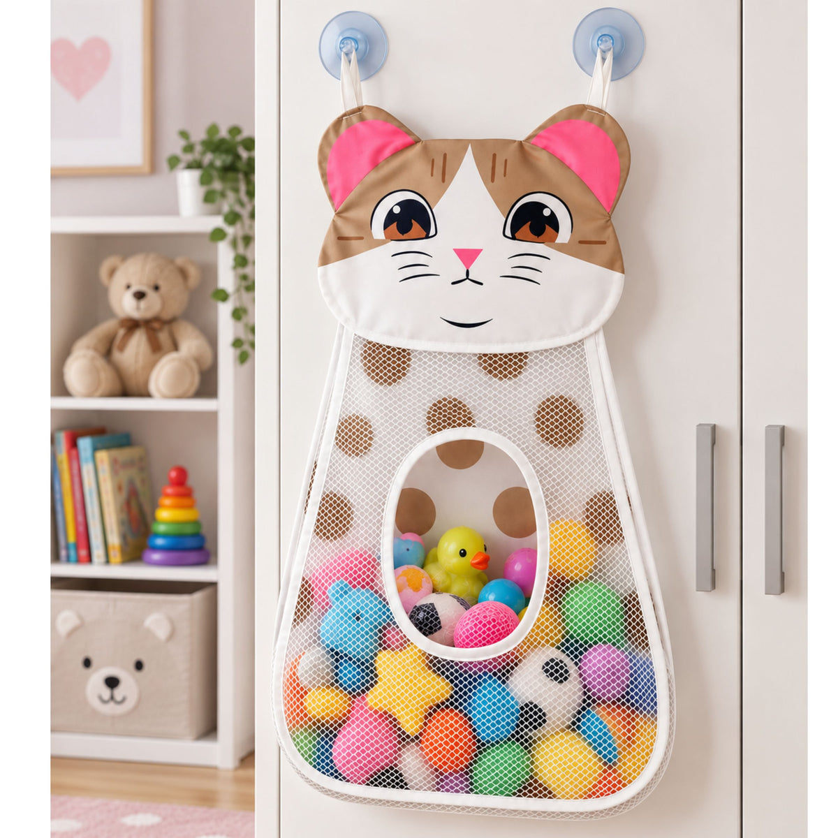 Beige Kitten Bath Toy Organizer Bag With Suction Cups 50 Cm