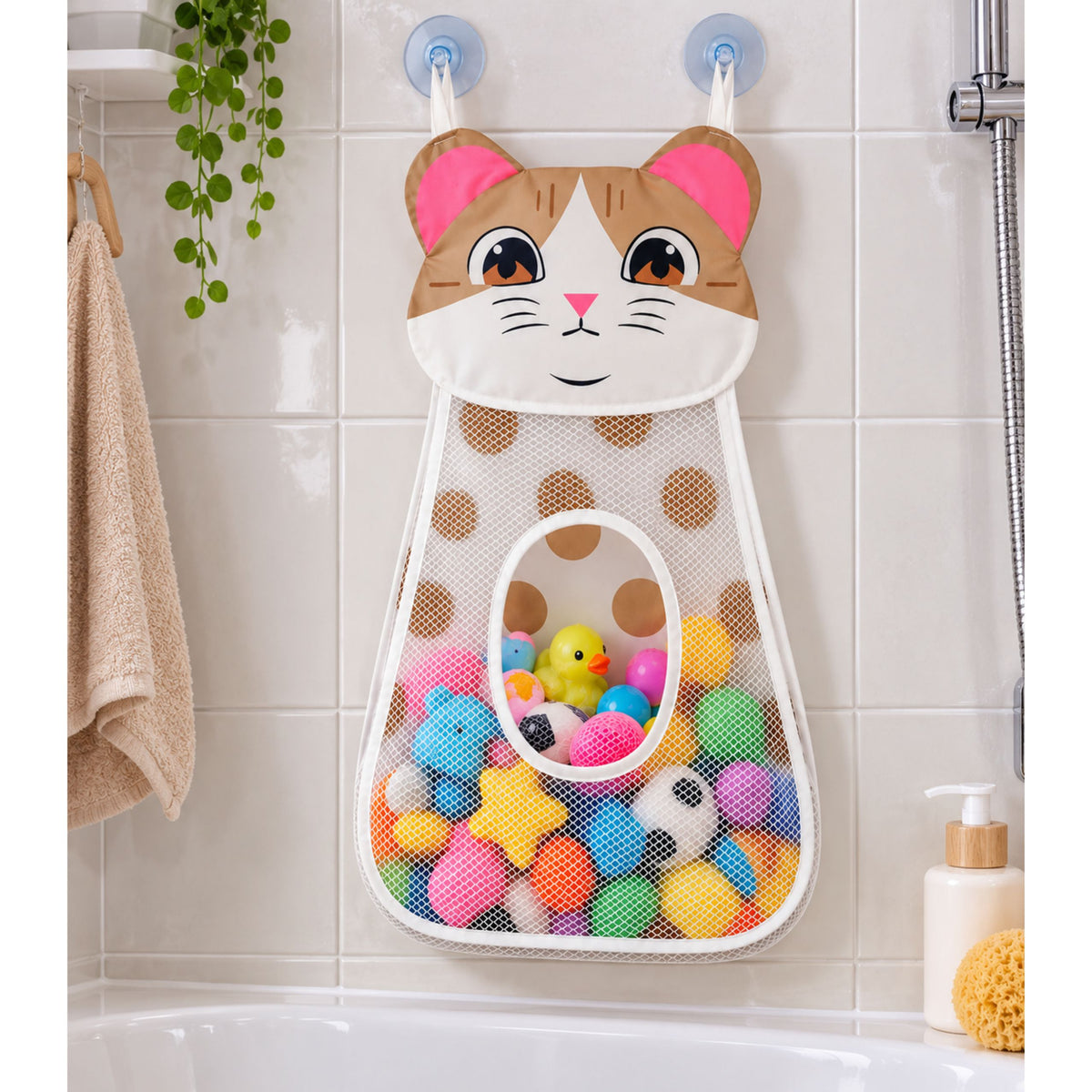 Beige Kitten Bath Toy Organizer Bag With Suction Cups 50 Cm