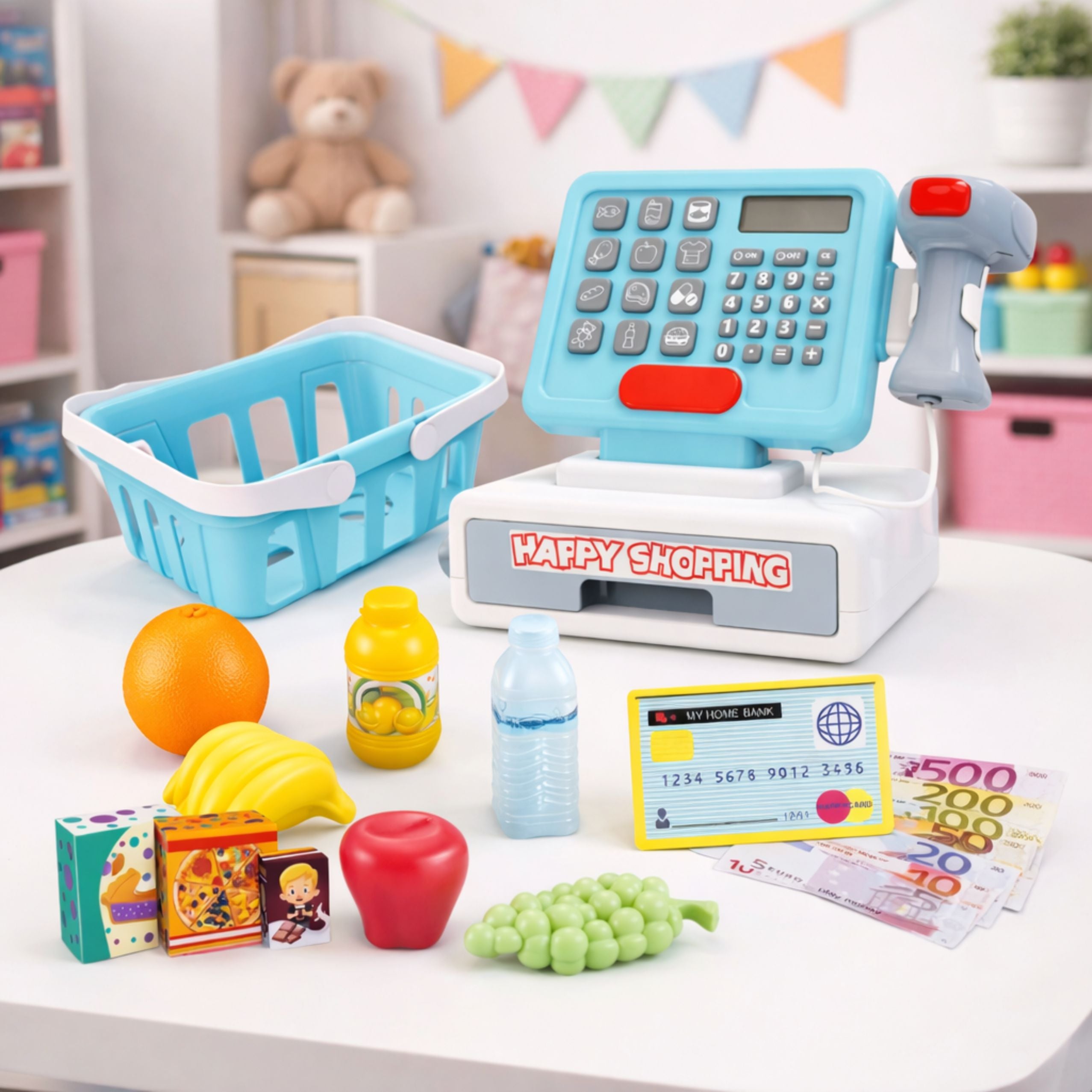 Interactive Cash Register Scanner Basket Food Products Lights Sounds