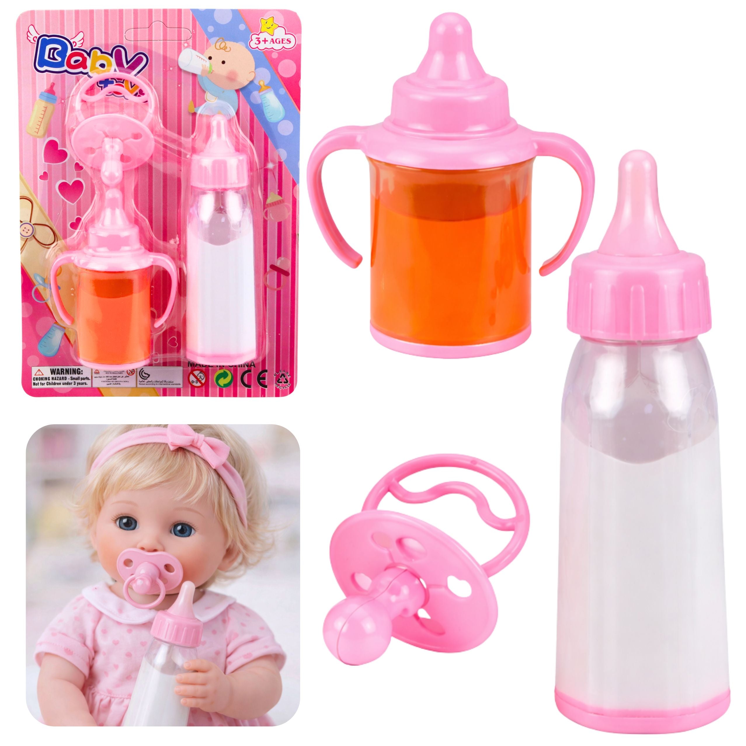 Baby Doll Bottles Juice Milk Pacifier Set 3 Pcs.