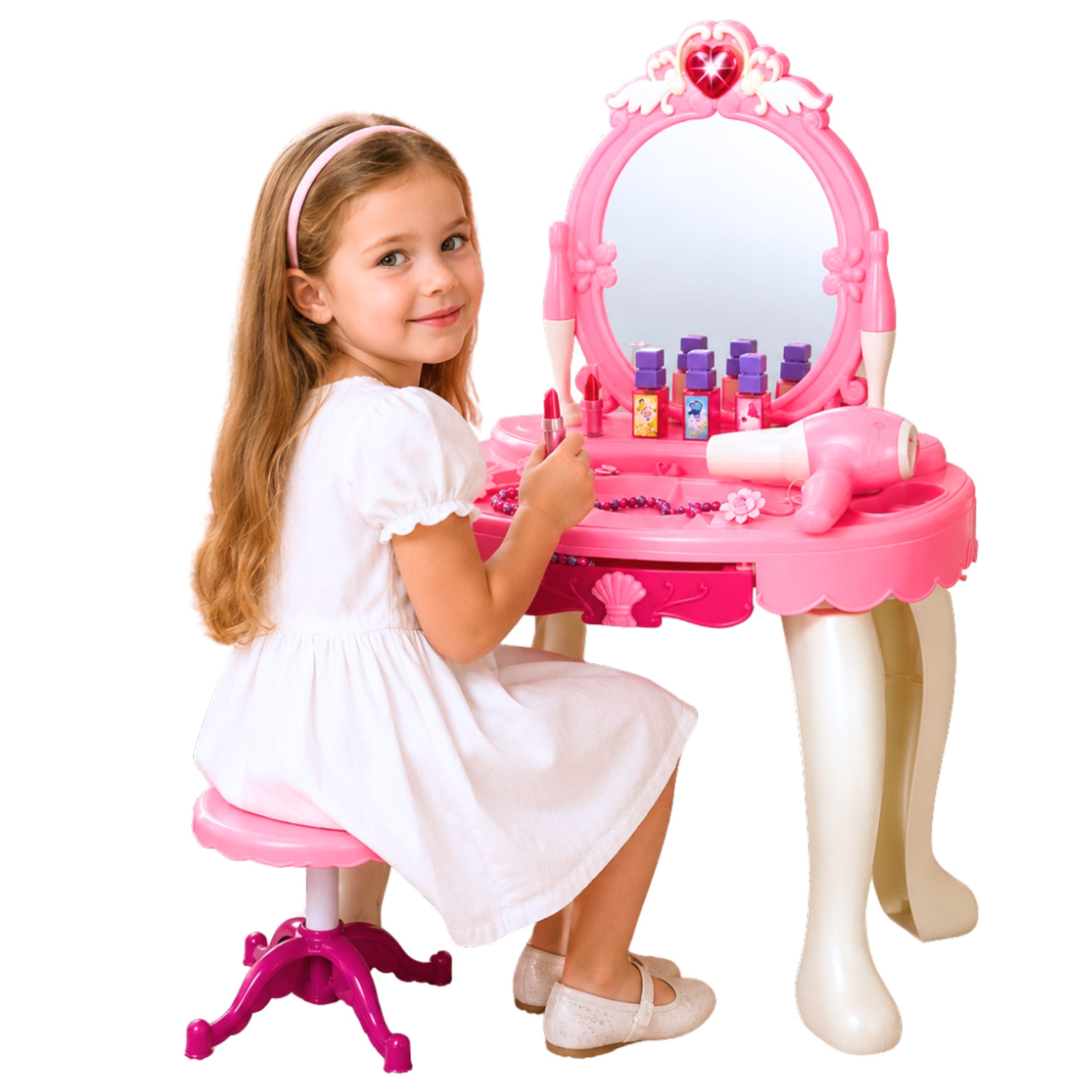 Children's Dressing Table With Chair Lights Dryer Accessories Sounds Pink
