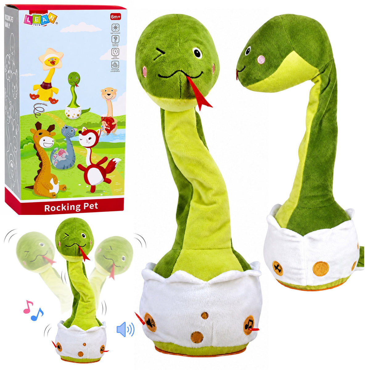 Peluche serpente danzante interattivo suoni musicali mascotte verde