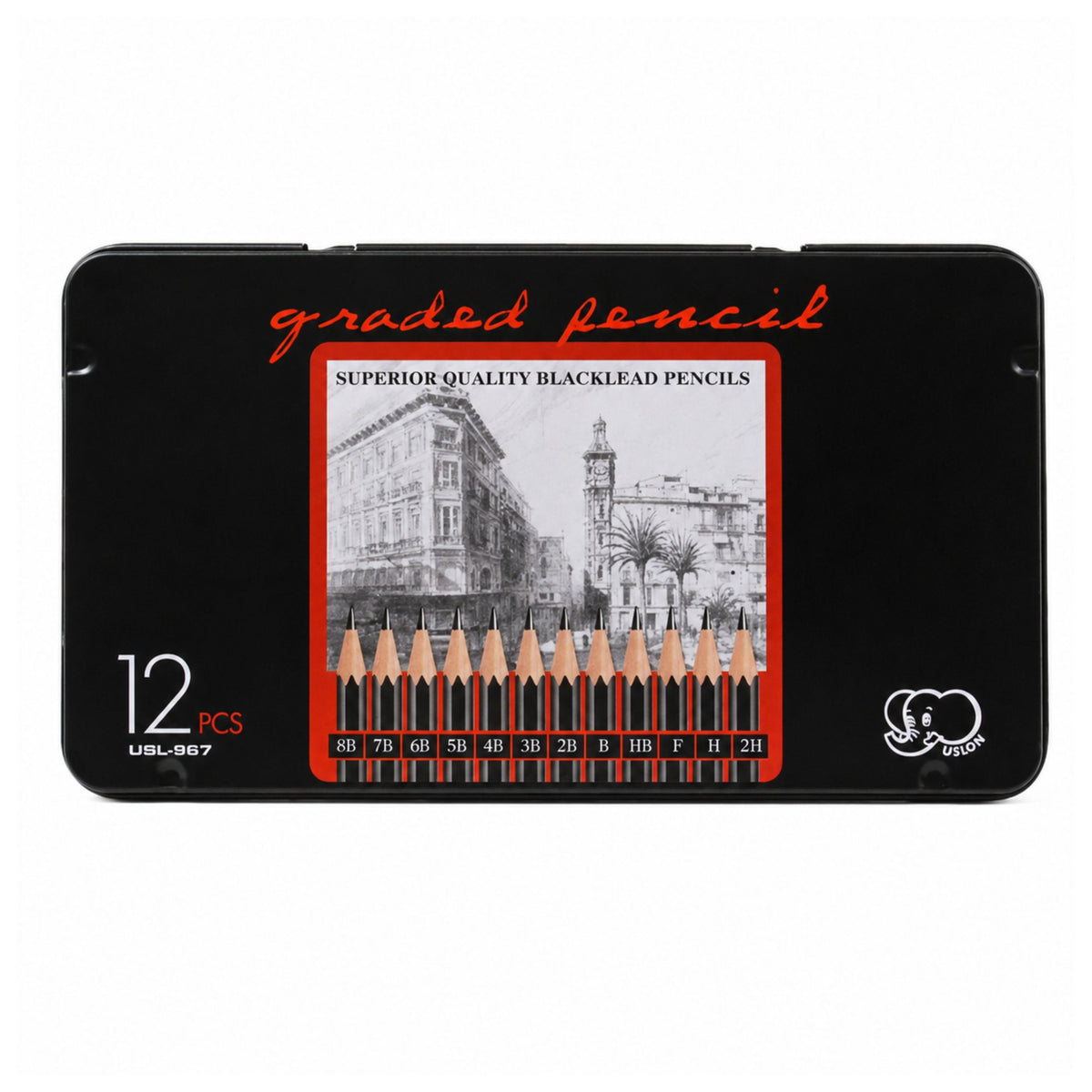 Professionele set schetspotloden in een metalen doos, 12 stuks.