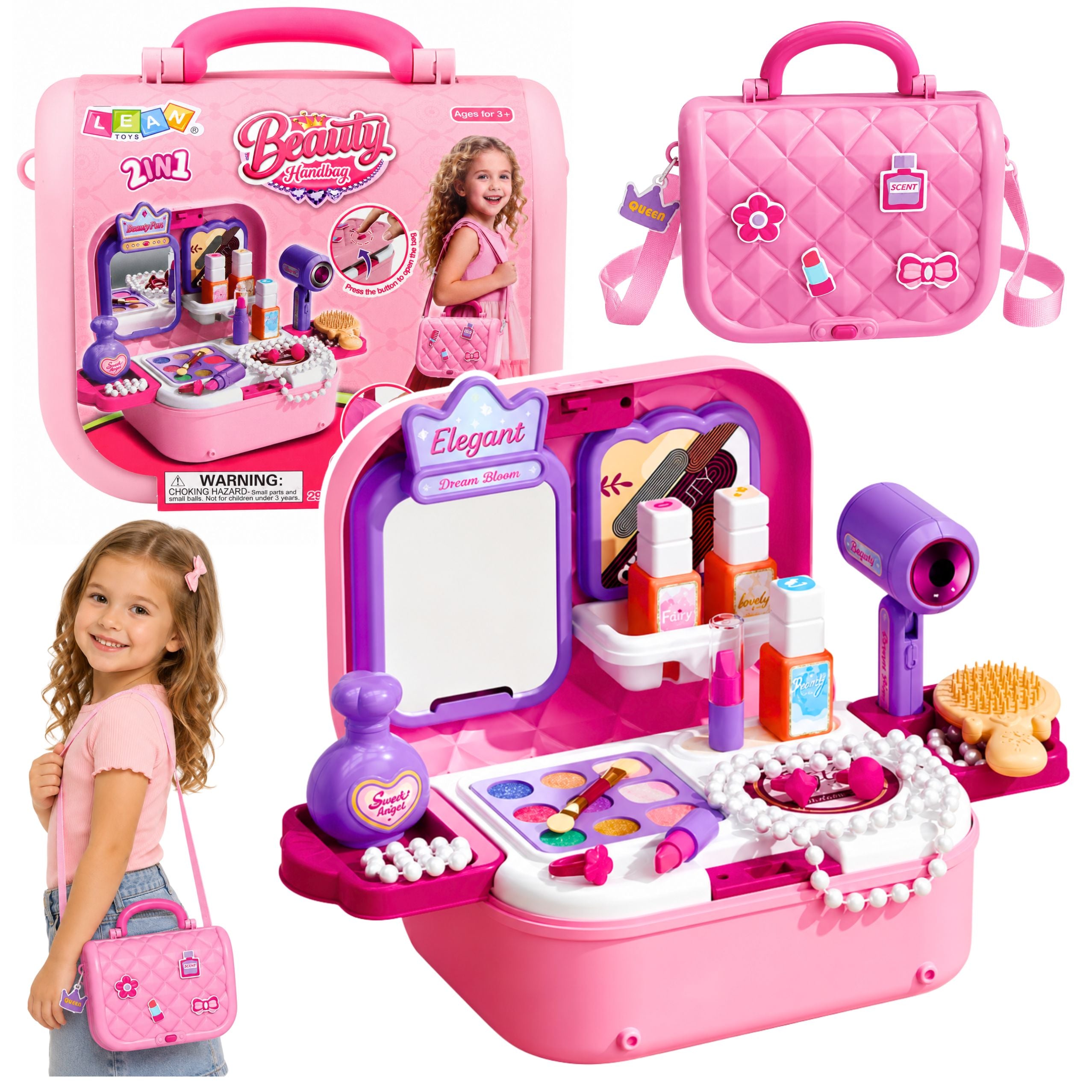 Portable 2-in-1 Beauty Set With Case Mirror Cosmetics And Accessories Pink