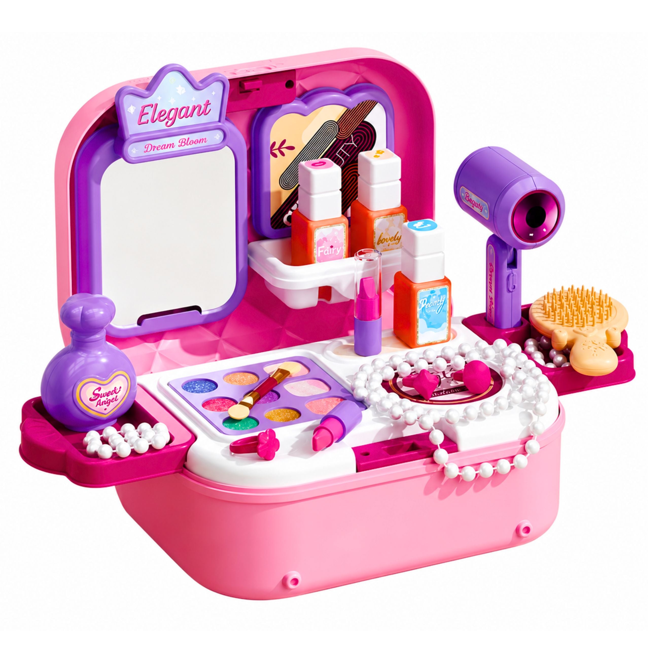 Portable 2-in-1 Beauty Set With Case Mirror Cosmetics And Accessories Pink
