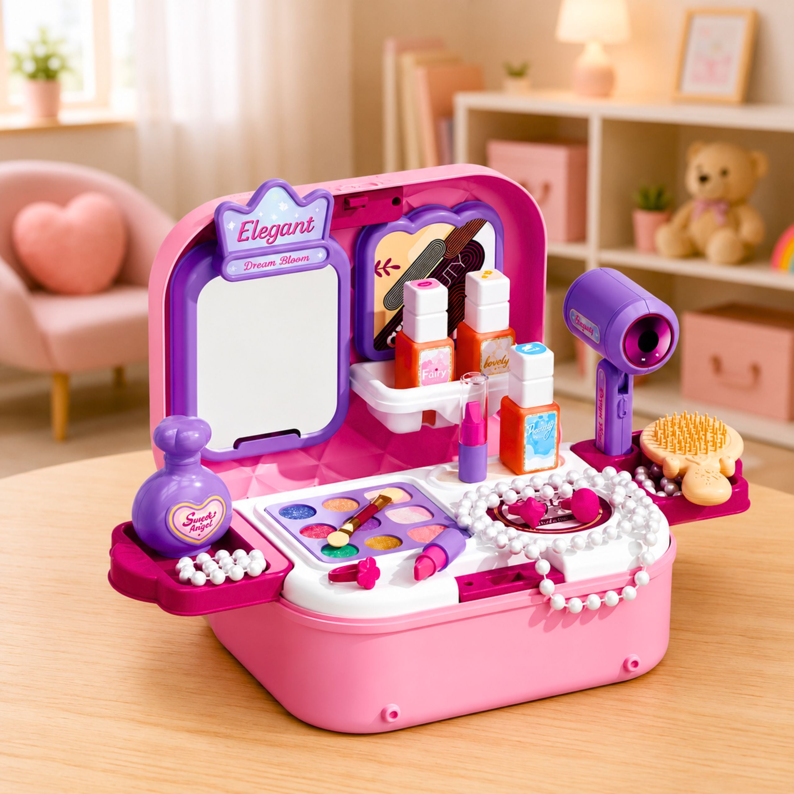 Portable 2-in-1 Beauty Set With Case Mirror Cosmetics And Accessories Pink