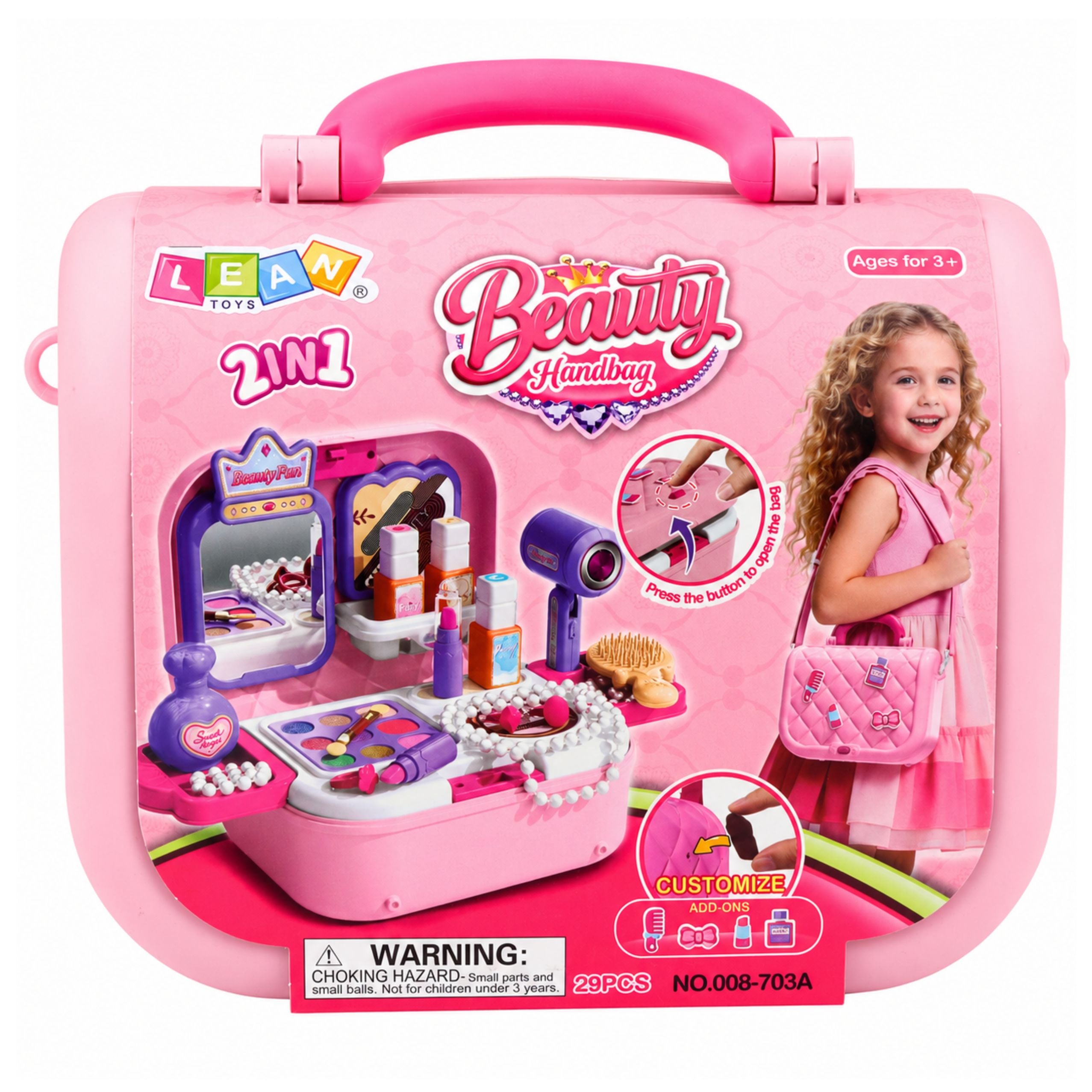 Portable 2-in-1 Beauty Set With Case Mirror Cosmetics And Accessories Pink
