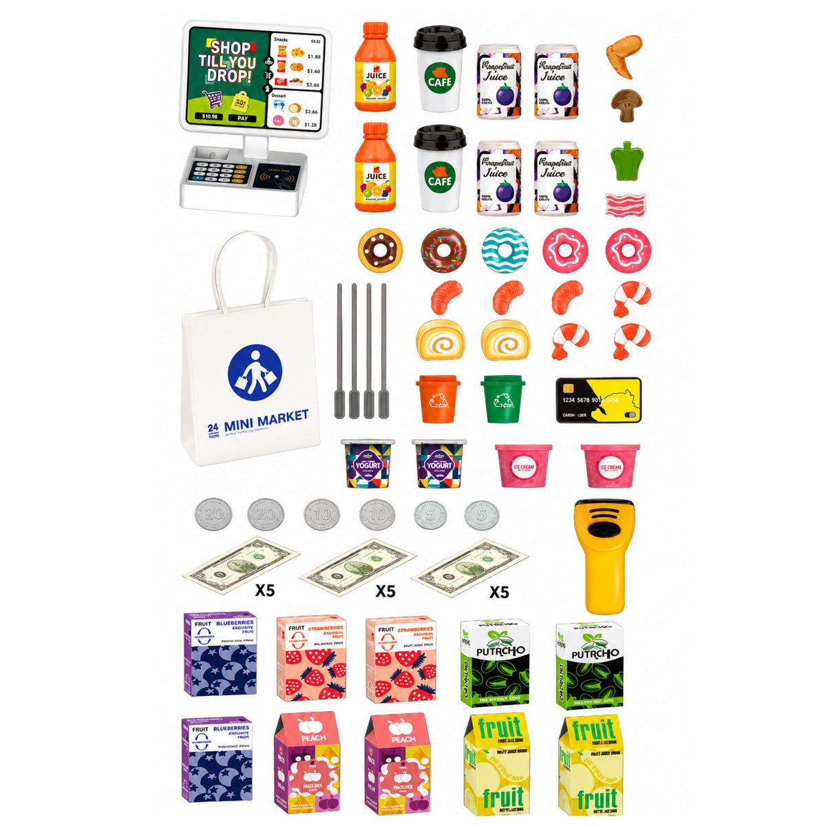 Supermarket Cash Register Scanner Beverage Dispenser Lights Sounds 65 Pcs.